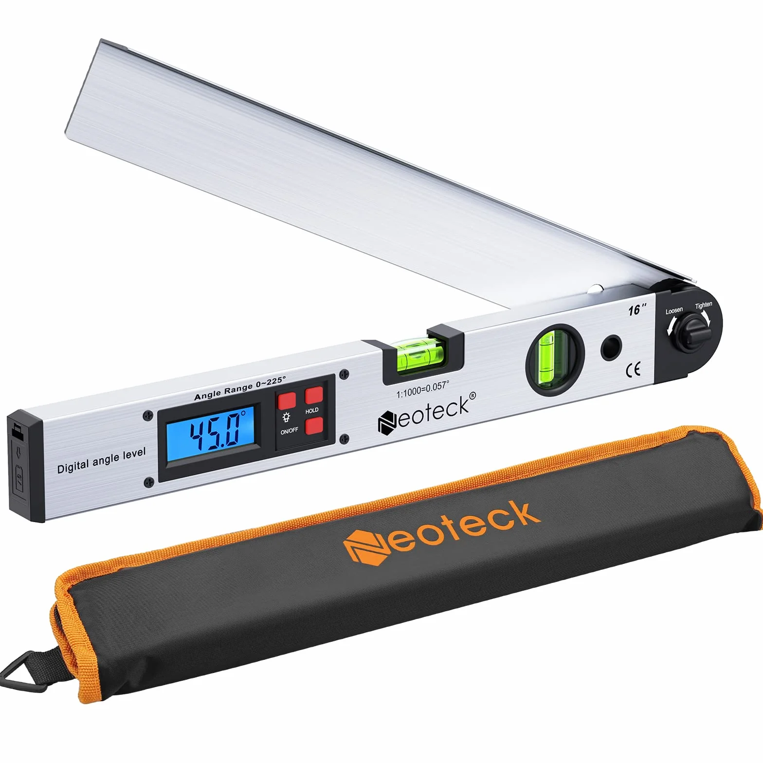Neoteck Buscador de Ángulo Digital 400mm 0~225° Transportador de Ángulo con Bolsa Portátil Nivel LCD Retroiluminada