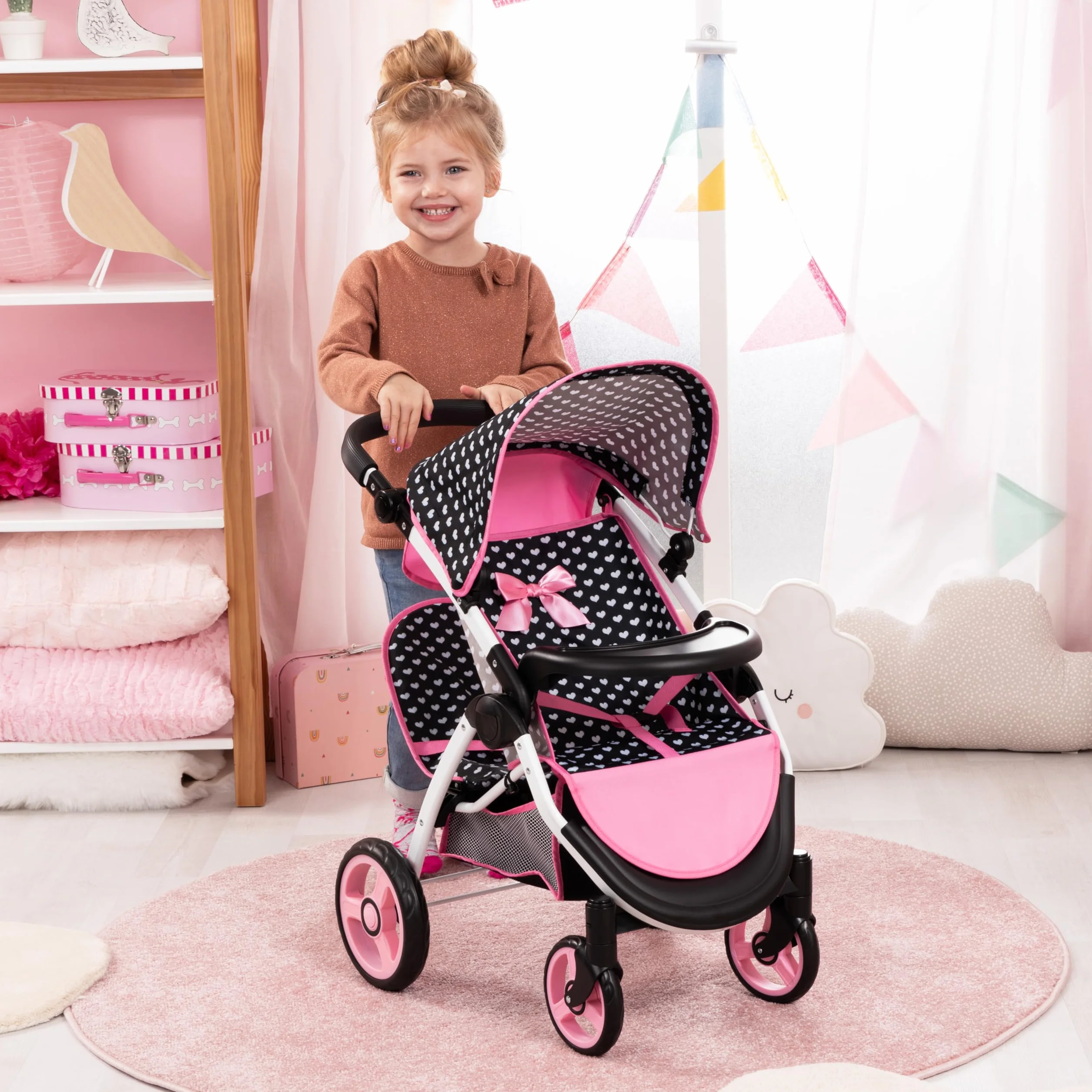 Bayer Design 39460AA Cochecito de muñeca gemelas Carrito Doble Altura Regulable