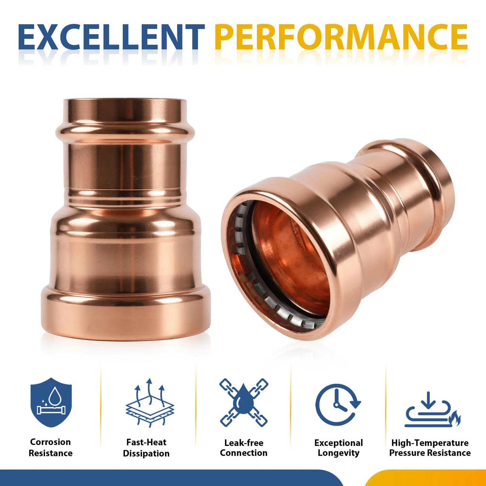 Paquete de 2 acoplamientos de presión de cobre GUOFIS sin tope, 1-1/4" x 1/2", acoplamiento de cobre para conexiones de tuberías de reparación y remodelación de plomería, diseño de flujo continuo.
