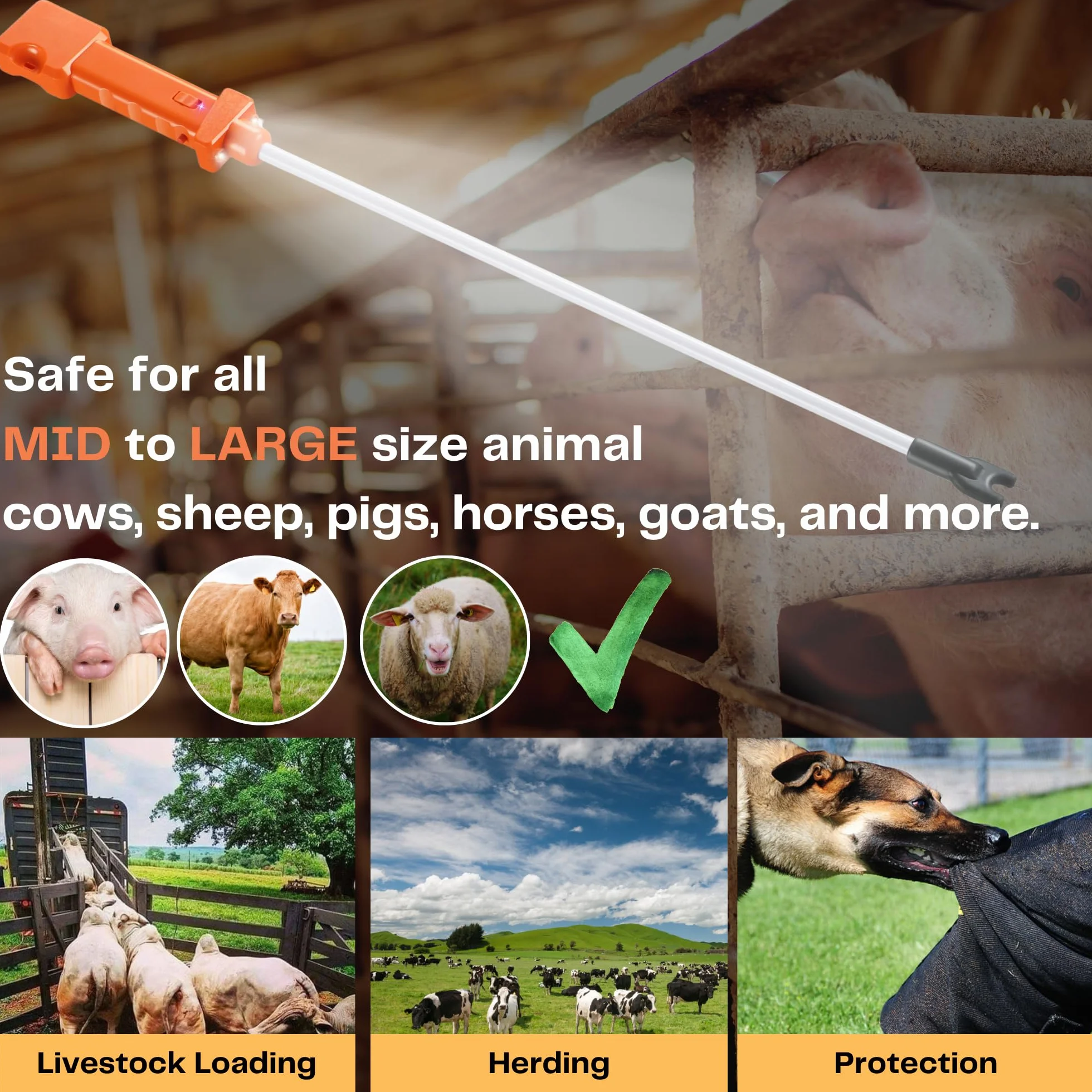 Prod de ganado recargable, impermeable, eléctrico con 2 luces LED, accesorio de animales recargable para pastoreo de rancho de granja y perros grandes grandes, palo de choque de ganado con eje