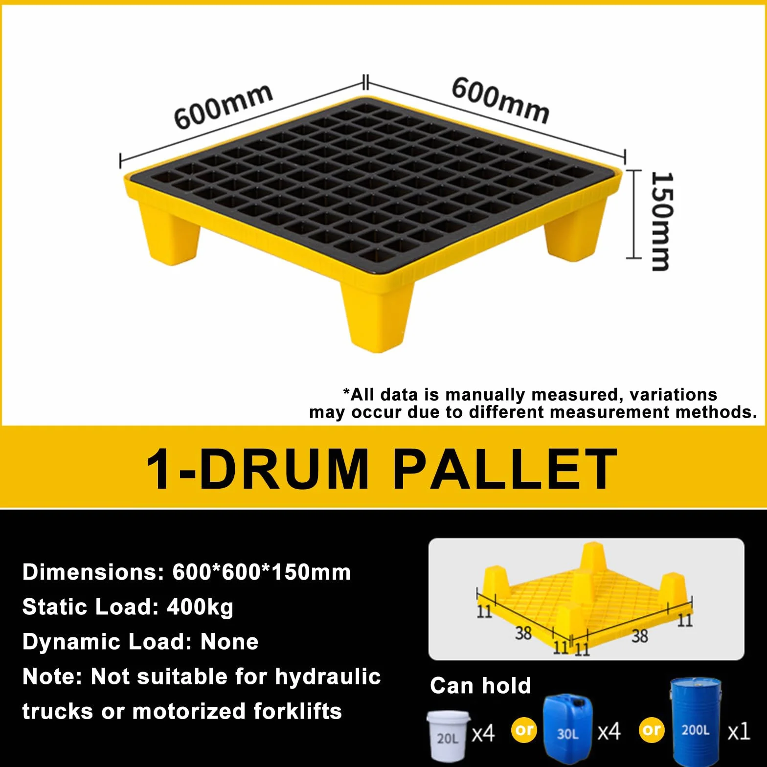 Plataforma modular industrial antiderrames, tarima para almacenamiento de bidones de pintura, plataforma de transporte modular extraíble con drenaje, para almacenamiento en garaje 60*60*15cm