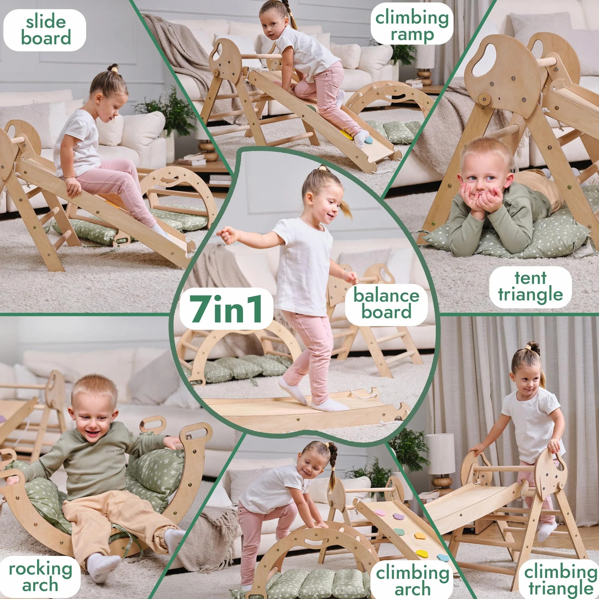 Estructura de Escalada 5 en 1 para Niños - Escalera Triángulo, Arco, Balance Board, Cojín, Gimnasio Montessori de Madera 1-3 Años
