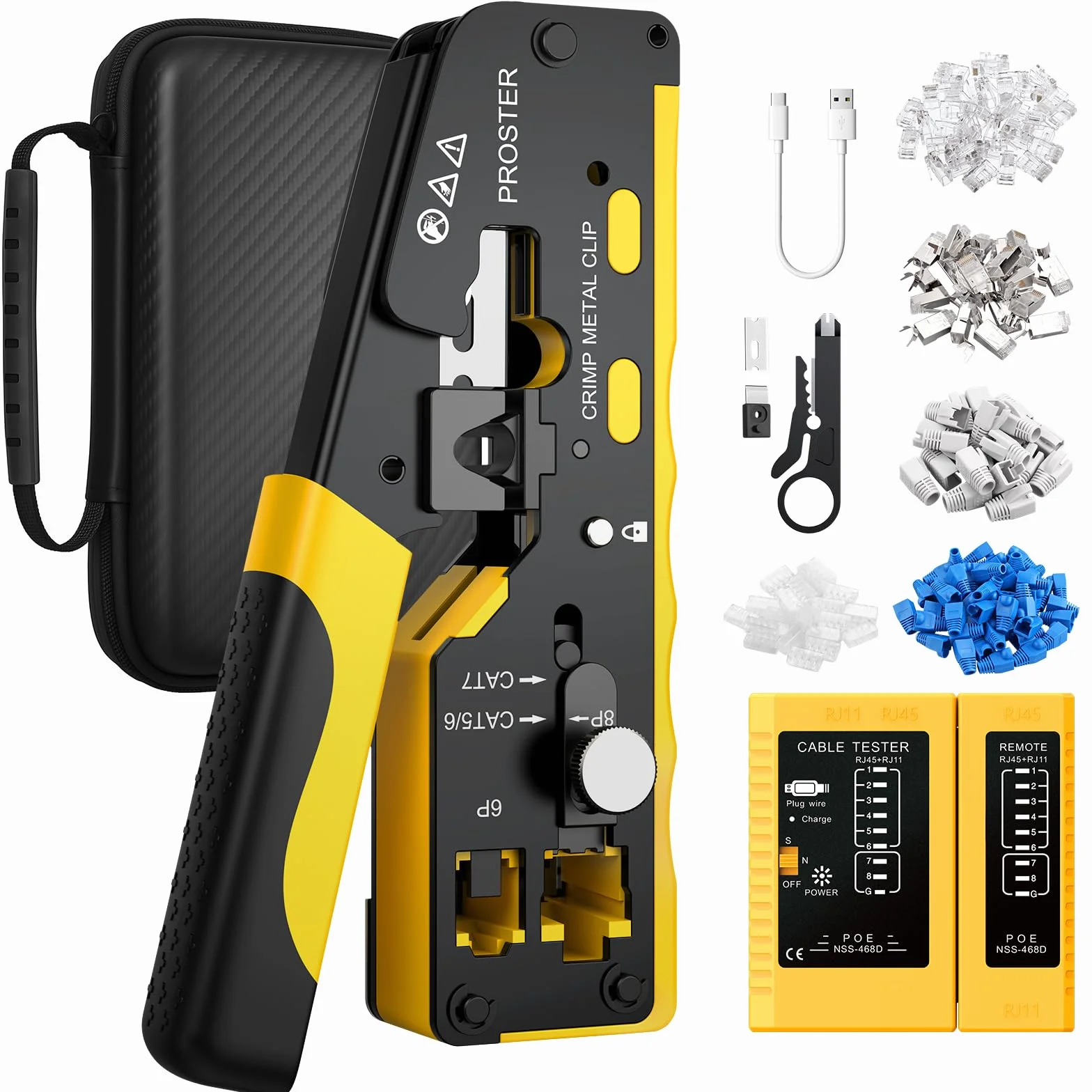 Proster Juego de Crimpadora CAT7 Profesional con Conectores Blindados y Probador Recargable