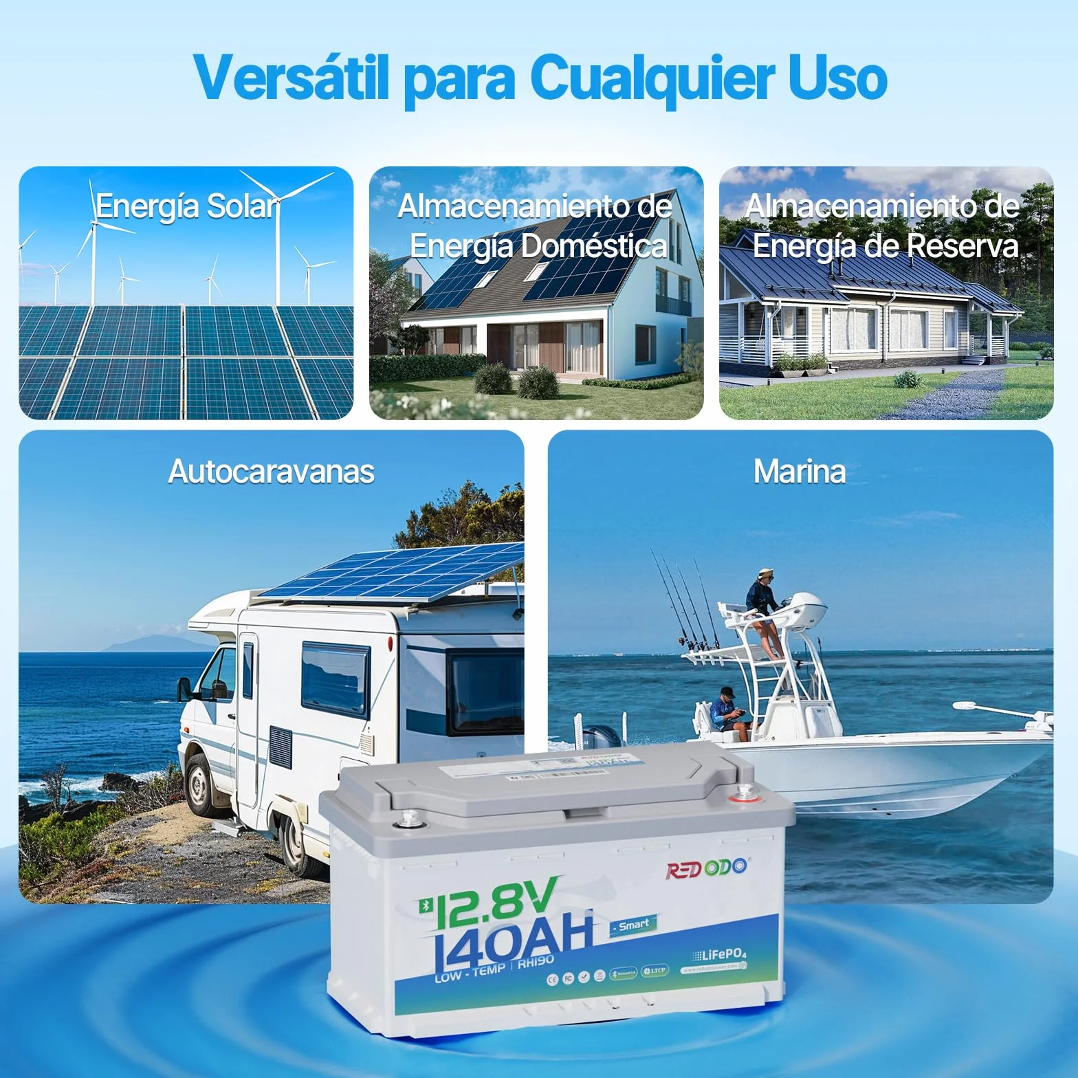 Batería Litio Redodo 12V 140Ah H190 LiFePO4 BMS 150A Bluetooth 1792Wh 15000 Ciclos Protección Baja Temperatura
