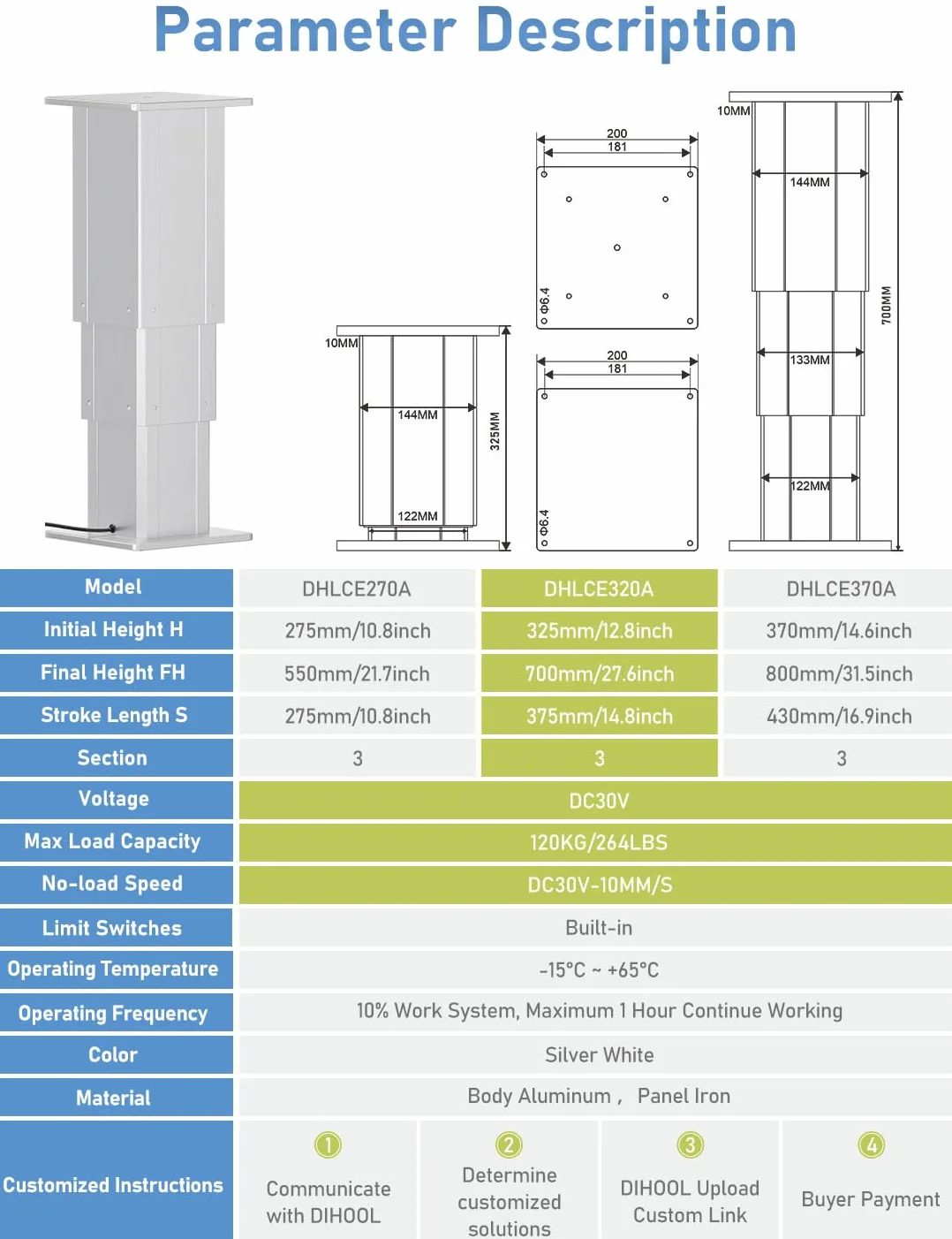 DIHOOL Plataforma de elevación síncrona de 2 piezas de la columna de elevación eléctrica (capacidad de carga 120kg, altura de elevación 375mm)