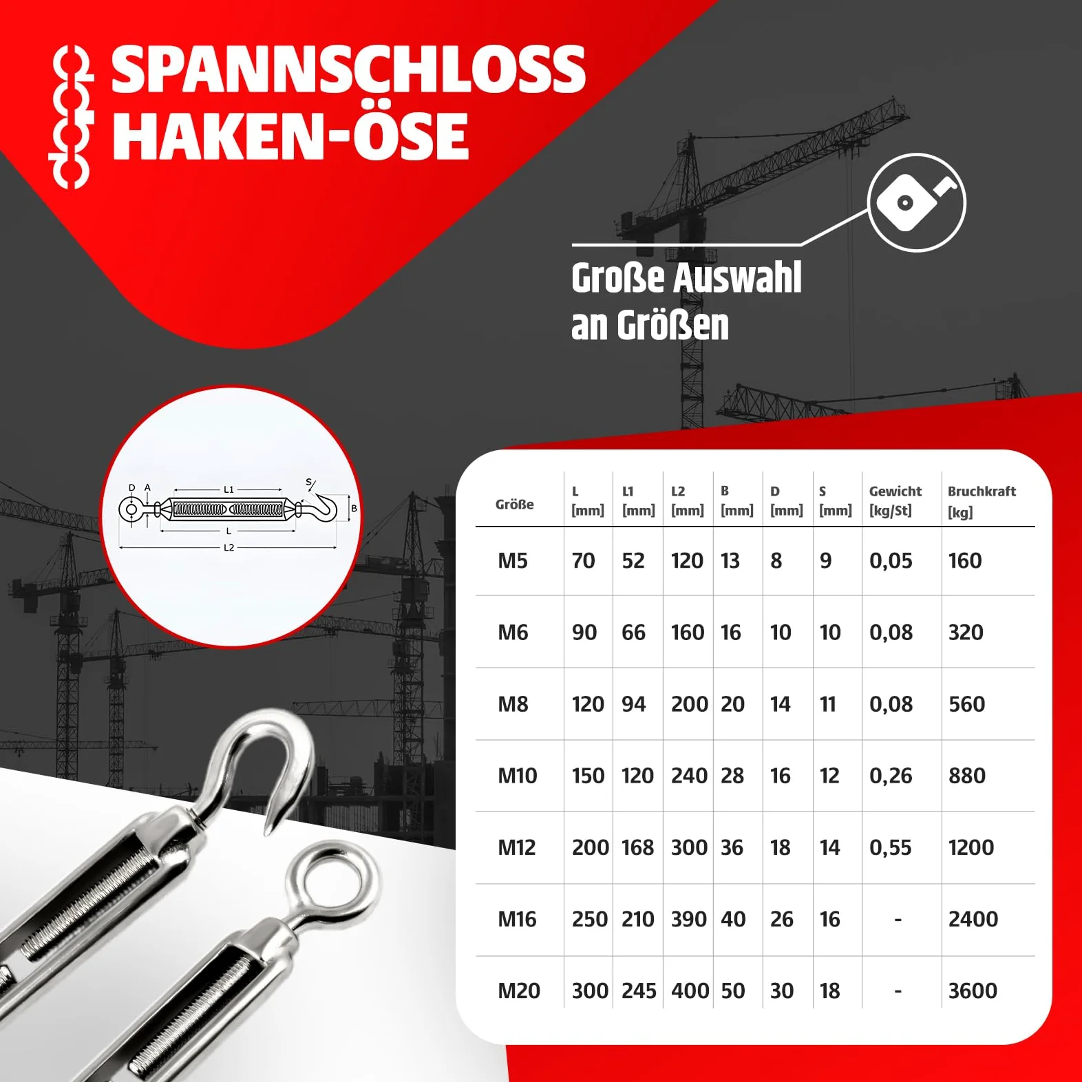 CONJUNTO 40m cable 4mm acero inoxidable cordaje hebra: 7x19 + 6 abrazaderas + 2 tensores ojetes/gancho M4