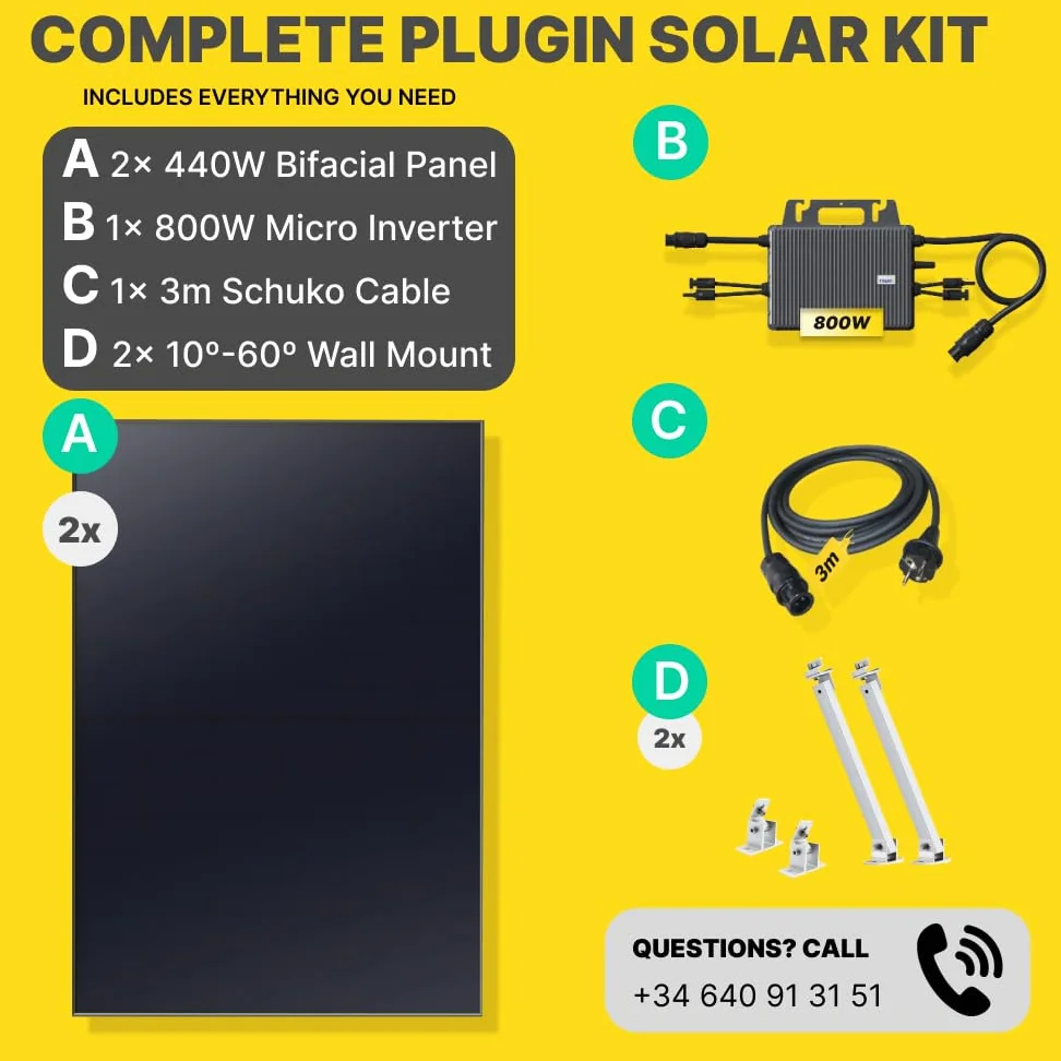 ROBINSUN® Kit Solar Enchufable Performance Wall 880 Wp, 2 paneles QN 440Wp + 1 Microinversor 800W con Wifi incluído + Cable 3m + 2 Fijaciones 10º a 60º