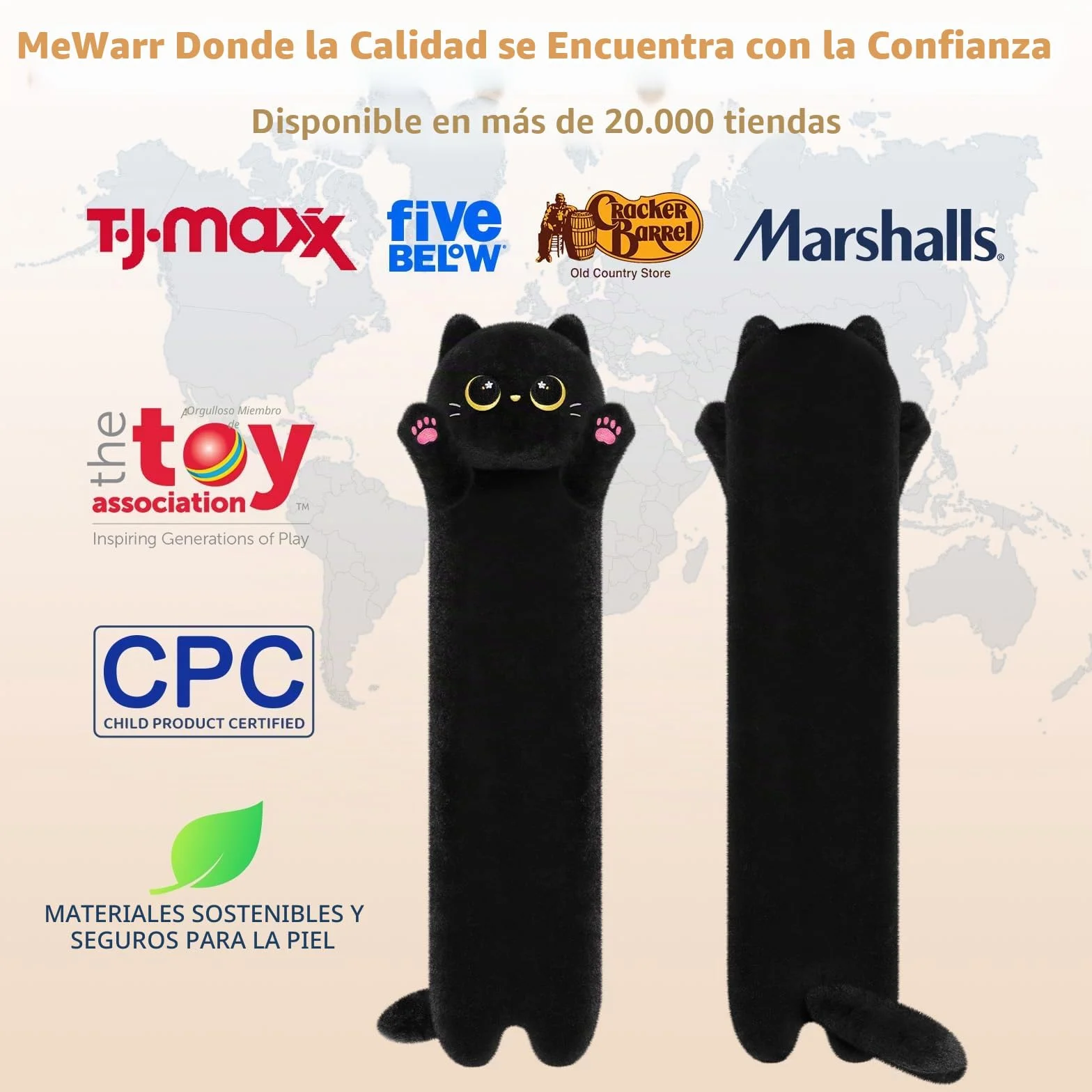 Mewaii Almohada Corporal de Peluche Gato Negro Largo 50 CM