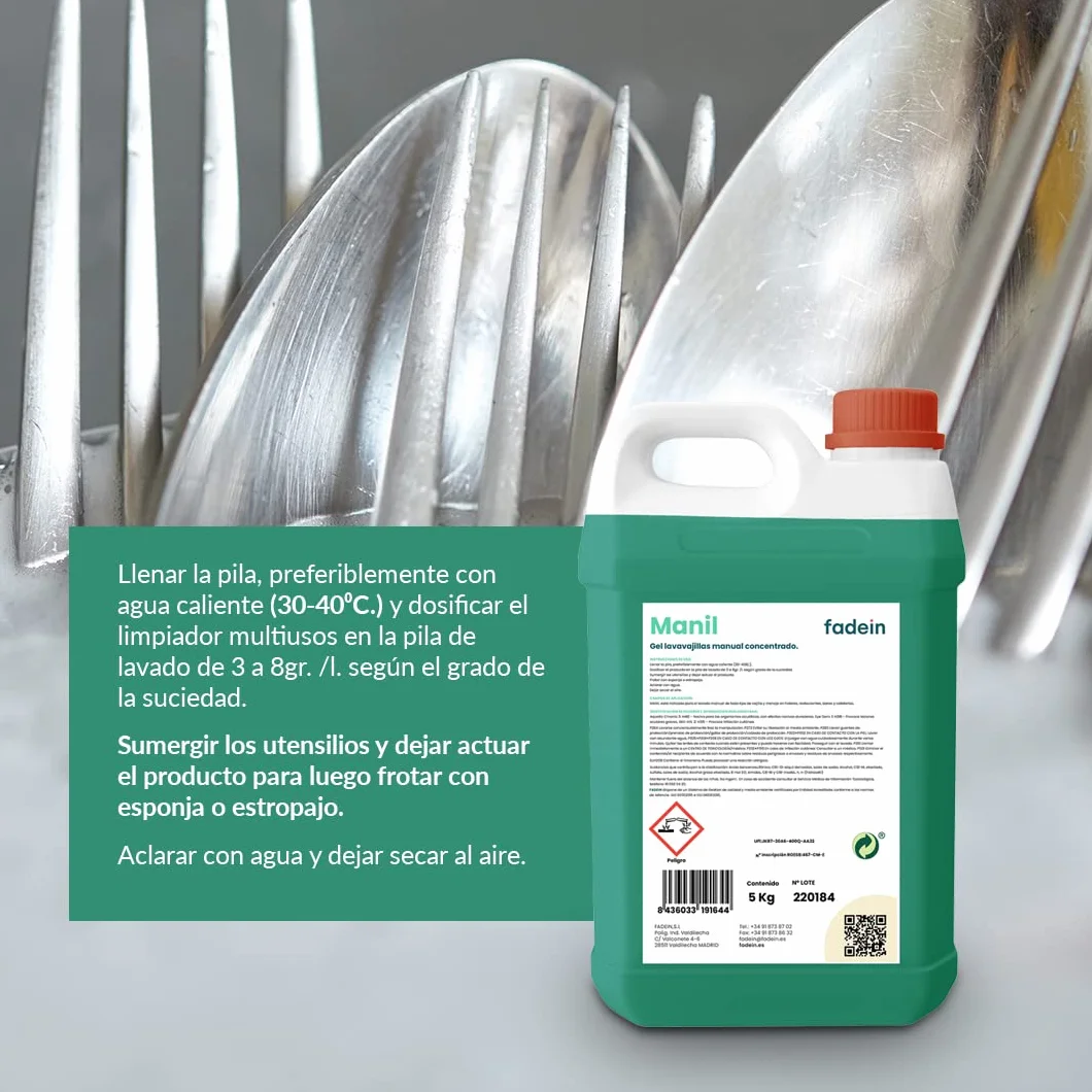 Fadein | Manil | Gel Lavavajillas Manual | Detergente Líquido | Concentrado | Detergente para Platos | Vajilla | Hostelería, Bares, Cafeterías y Restaurantes | Espumoso | 5L