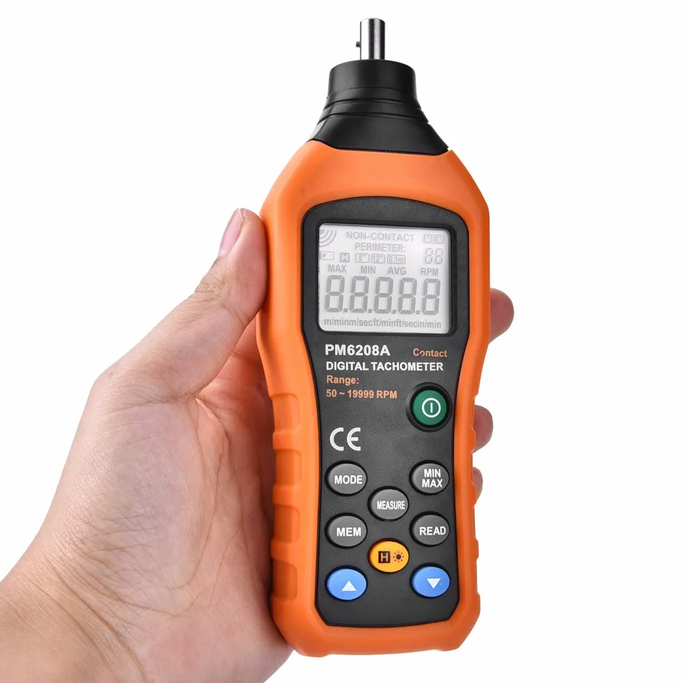 PEAKMETER PM6208A Tacómetro digital contacto Medidor velocidad motor Probador 50RPM - 19999RPM Pantalla LCD