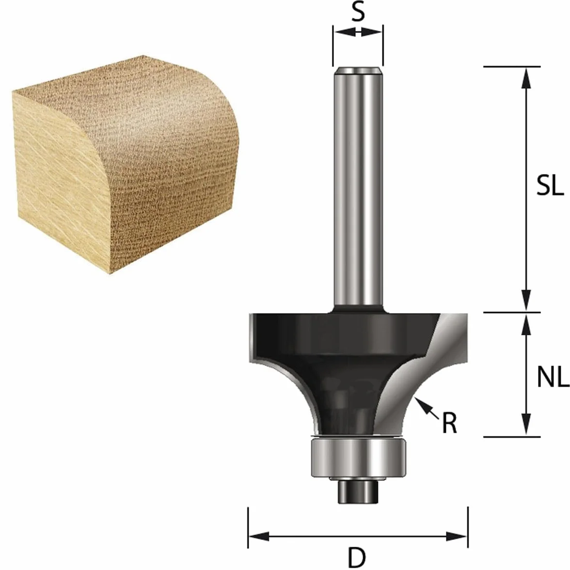 ENT 14388 Fresa de redondeo, en carburo, vástago (S) de 12 mm, diámetro (D) de 63,5 mm, NL 31,8 mm, R 25,4 mm, SL 45 mm, con rodamiento de bolas