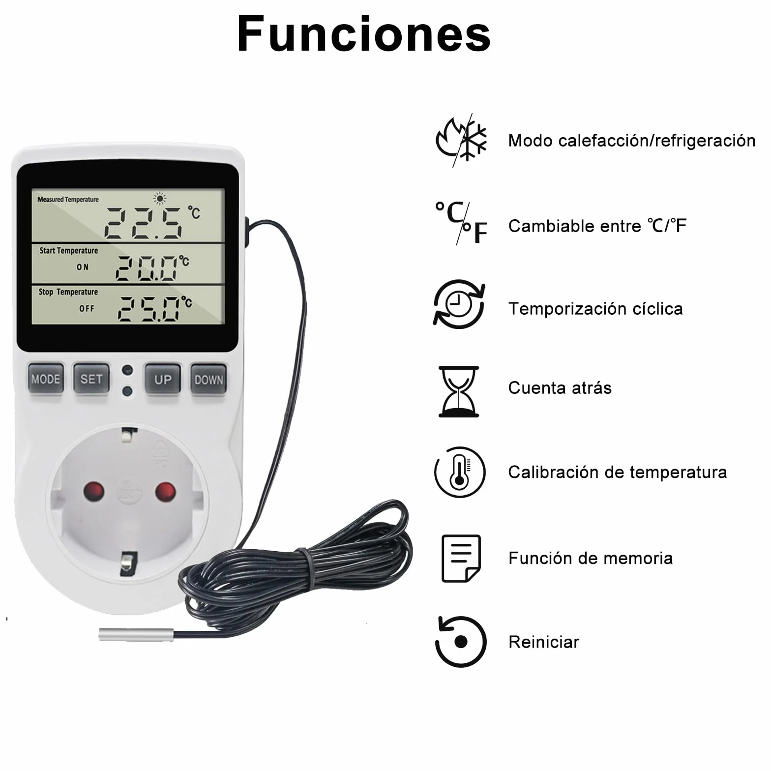 KETOTEK Enchufe Termostato Digital Sonda 220V Control Temperatura Calefacción Enfriamiento Incubadora Invernadero