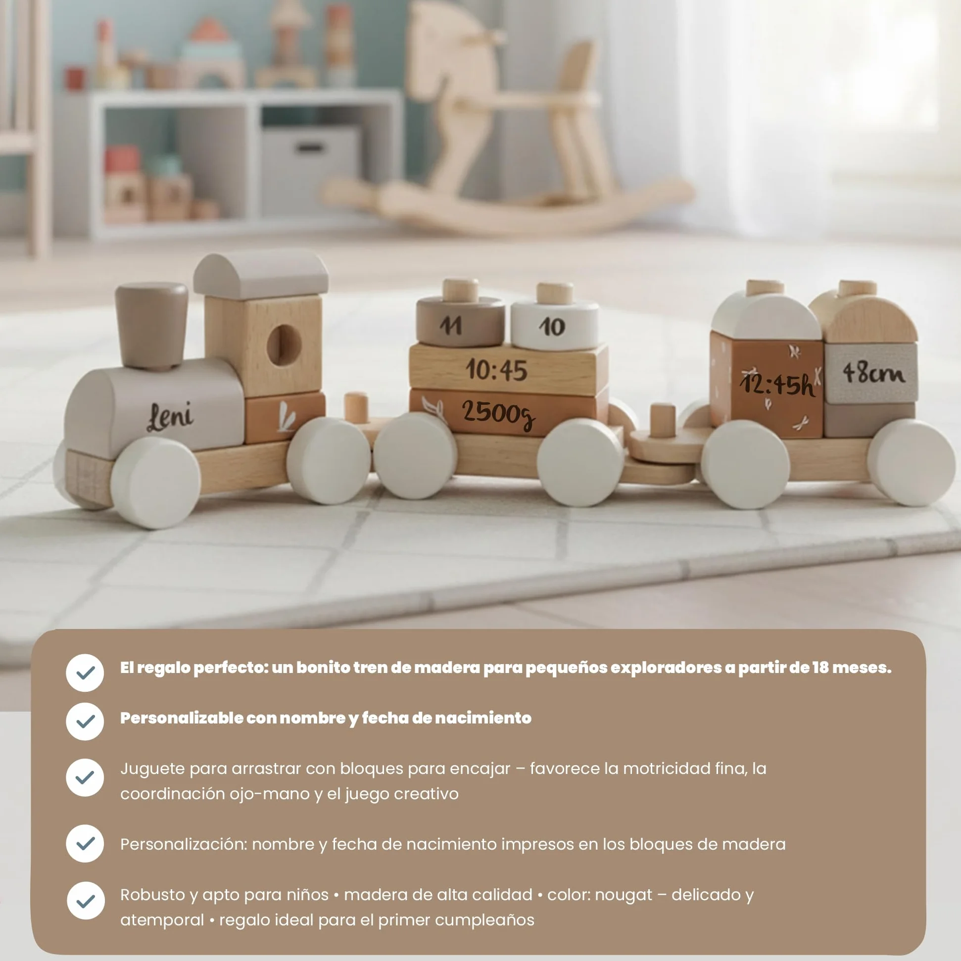 Personalizable Tren Apilable de Madera Nougat 14 Piezas Motricidad Fina Encaje de Formas 18 Meses con Nombre Label Label