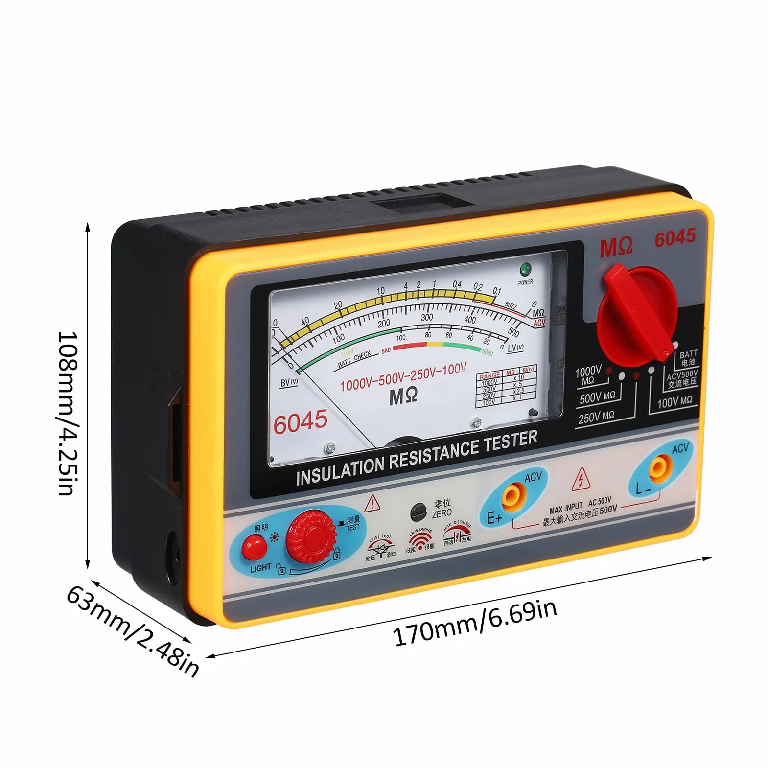 Medidor de resistencia de aislamiento Ohmímetro digital Megger Probador de aislamiento portátil Megámetro 0-2000MΩ 100V / 250V / 500V / 1000V Instrumento de medición de aislamiento de megaohmímetro de