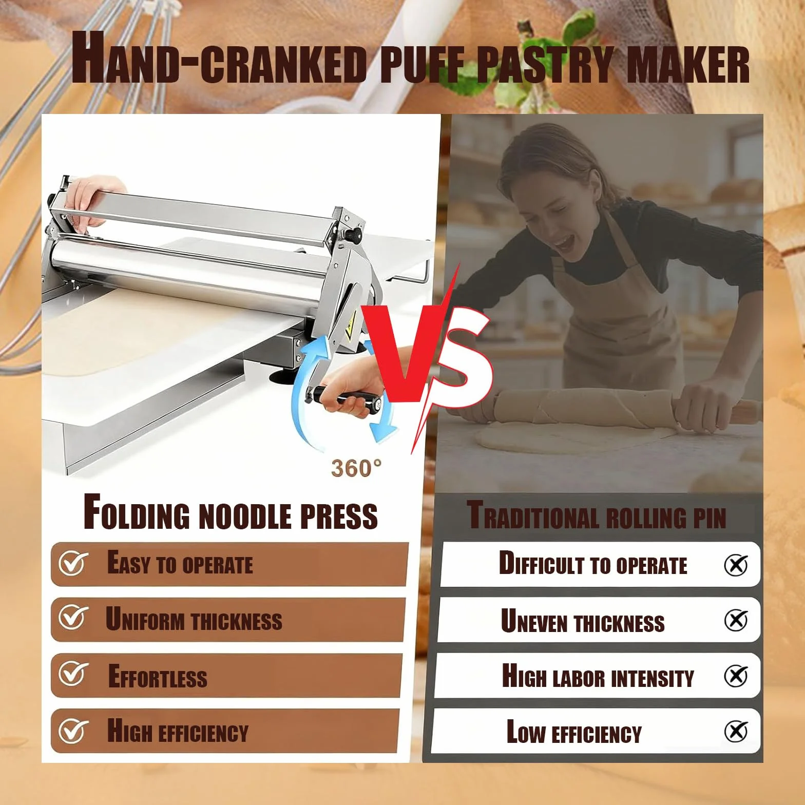 Laminadora de masa plegable, compacta, laminadora manual, grosor ajustable, máquina de masa de acero inoxidable, grosor ajustable de 0 a 25 mm (1 tabla de laminado) A300