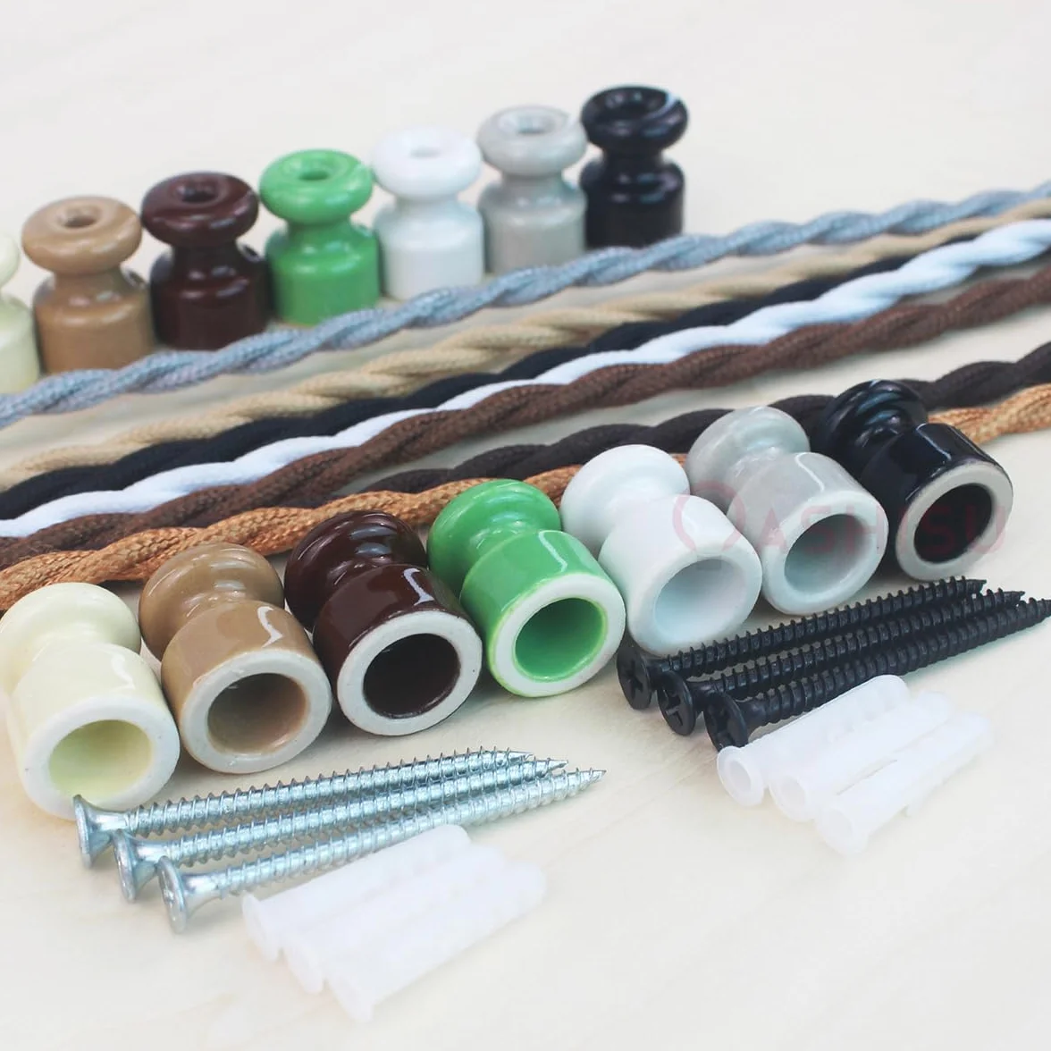 Aisladores de porcelana vintage Ø18 mm beige brillante para cable trenzado textil