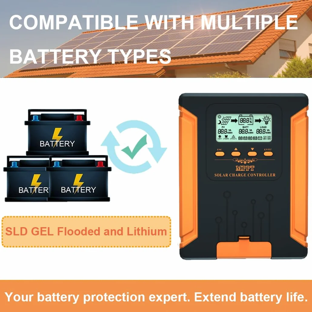 SolaMr 100A MPPT Regulador de Carga Solar 12V/24V/36V/48V Auto con Pantalla LCD Regulador de Panel Solar Max 180V Entrada para Gel Sellado Inundado y Batería de Litio-CM-100A