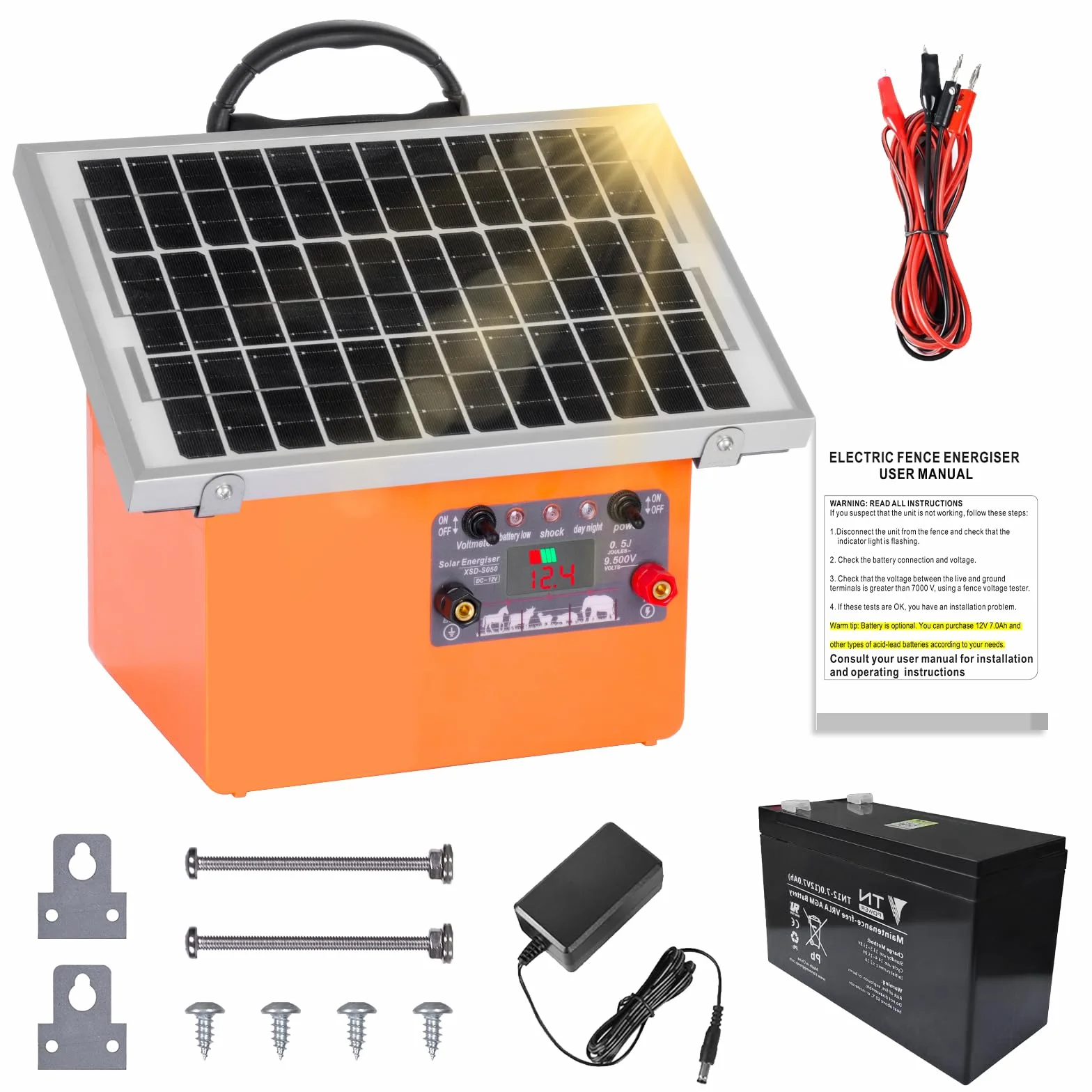 32KM Solar Pastor Electrico, 9,5 kV Pastor eléctrico Controlador para caballos, 0,5 J Valla eléctrica para cría de animales de pastor, para granja, pastoreo, jardín