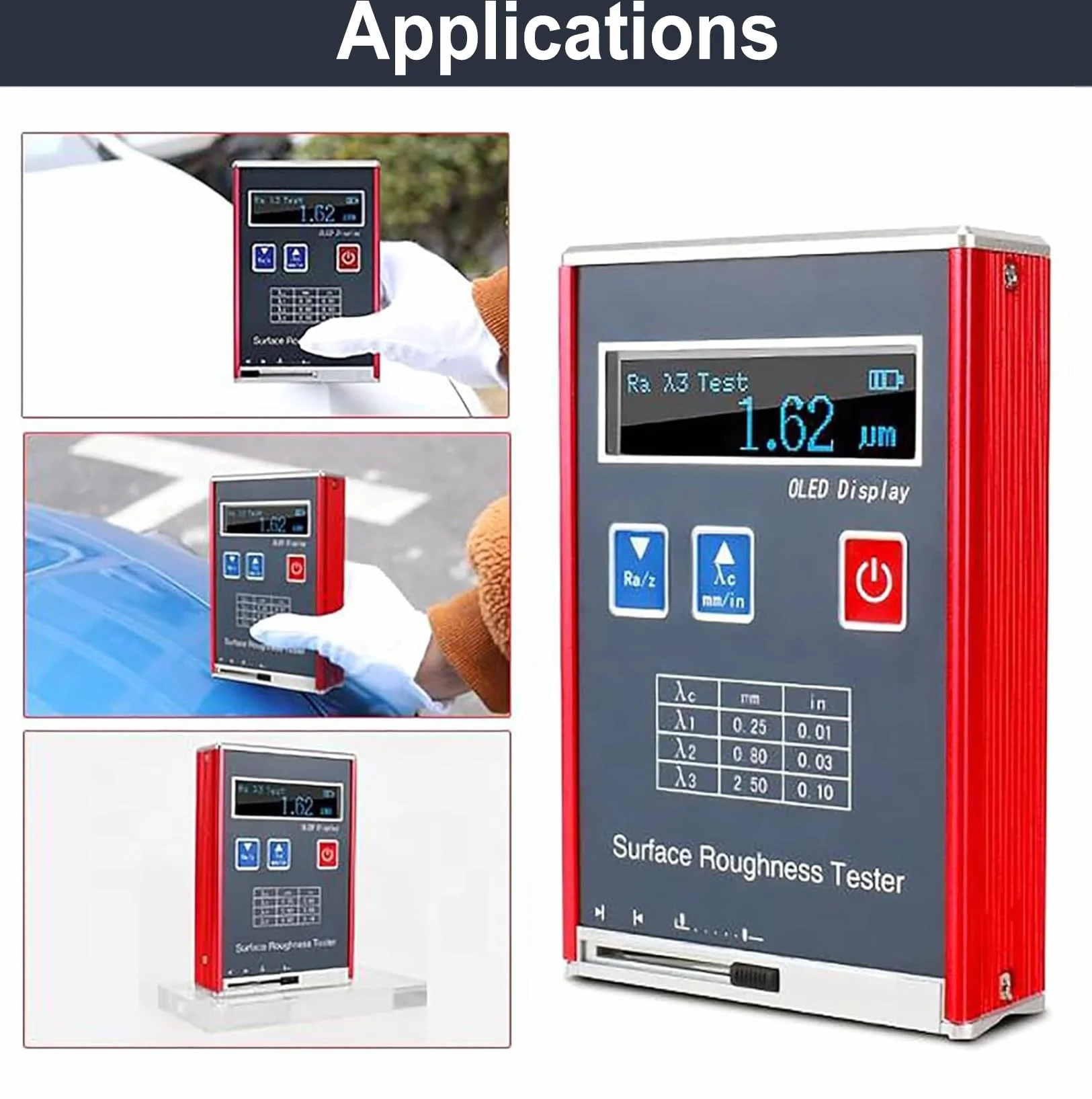 Rugosímetro portátil de 0,01 μm, medidor digital de rugosidad con bloque de calibración estándar, 4 parámetros de prueba: Ra/Rq 0,05~15,0 μm, Rz/Rt 0,1~50,0 μm, para para mediciones industriales