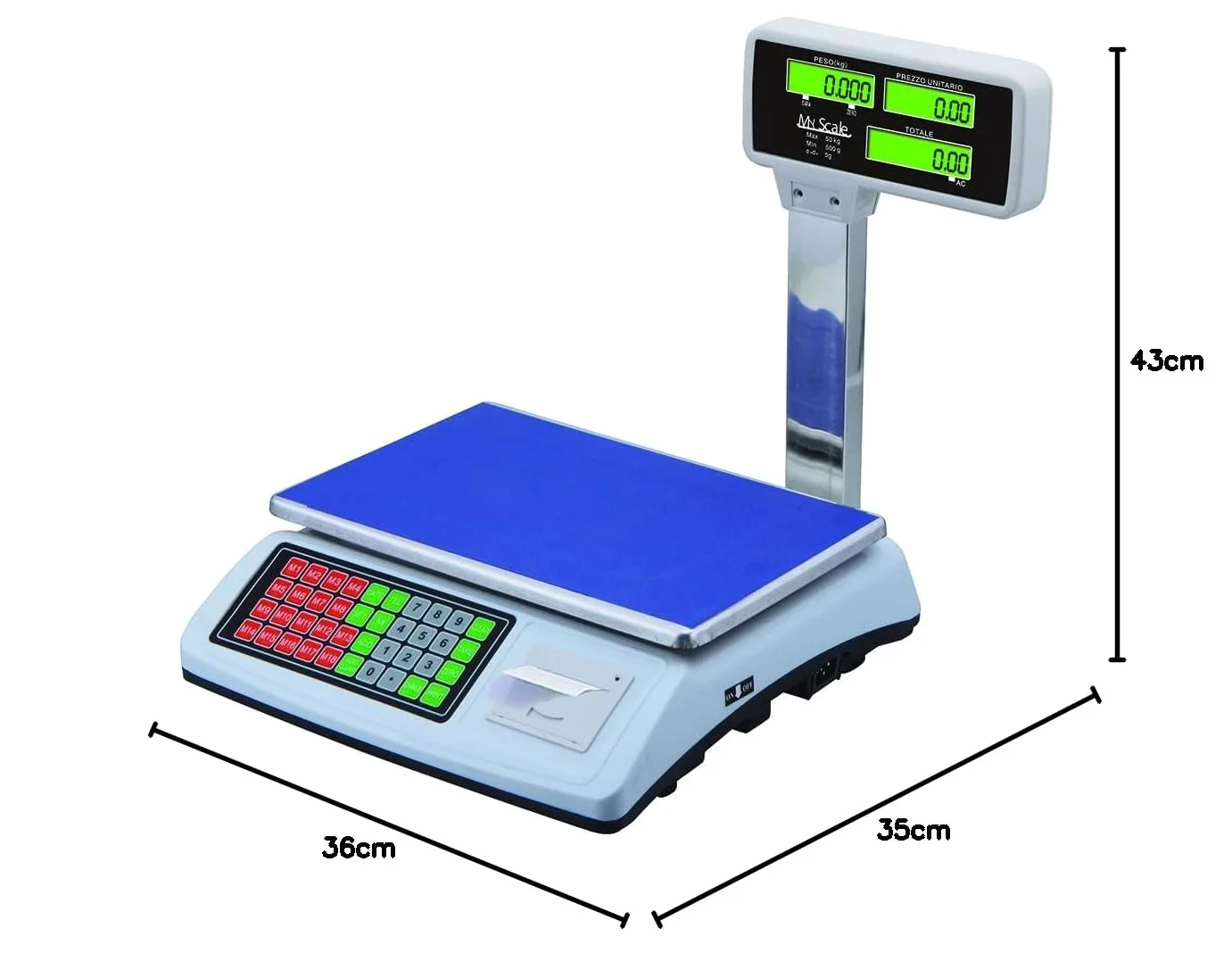 Báscula Digital Comercial 50kg con Impresora de Ticket, Balanza Electrónica de Alta Precisión 1/3000 F.S., Pantalla LED Doble, Función TARA y Cálculo de Precio, Ideal para Tienda y Frutería