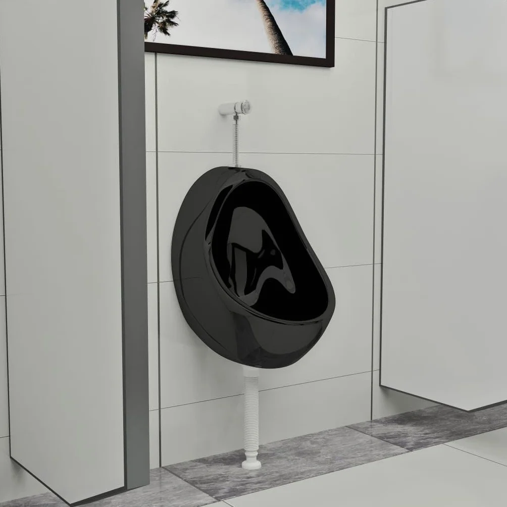 vidaXL Urinario Porcelana Montaje Pared Masculino Válvula Sifón Descarga Tubo Desagüe Incluidos Conjunto Inodoro Cerámica WC Diseño Forma Oval Negro