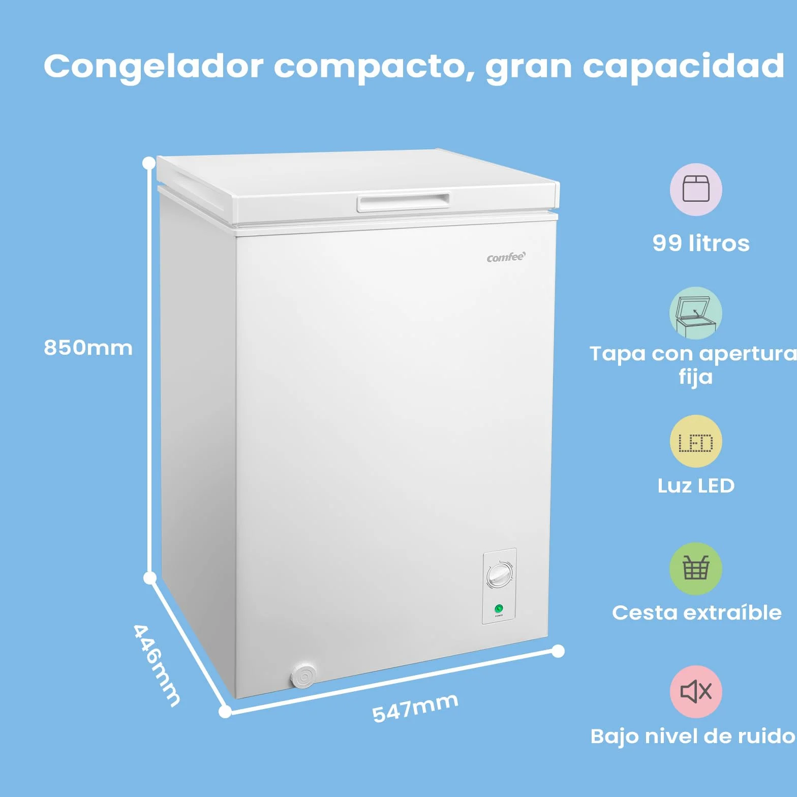 Comfee' Congelador Arcón Independiente 99L, Convertible a Congelador/Refrigerador, Inverter, 4 Estrellas, Blanco