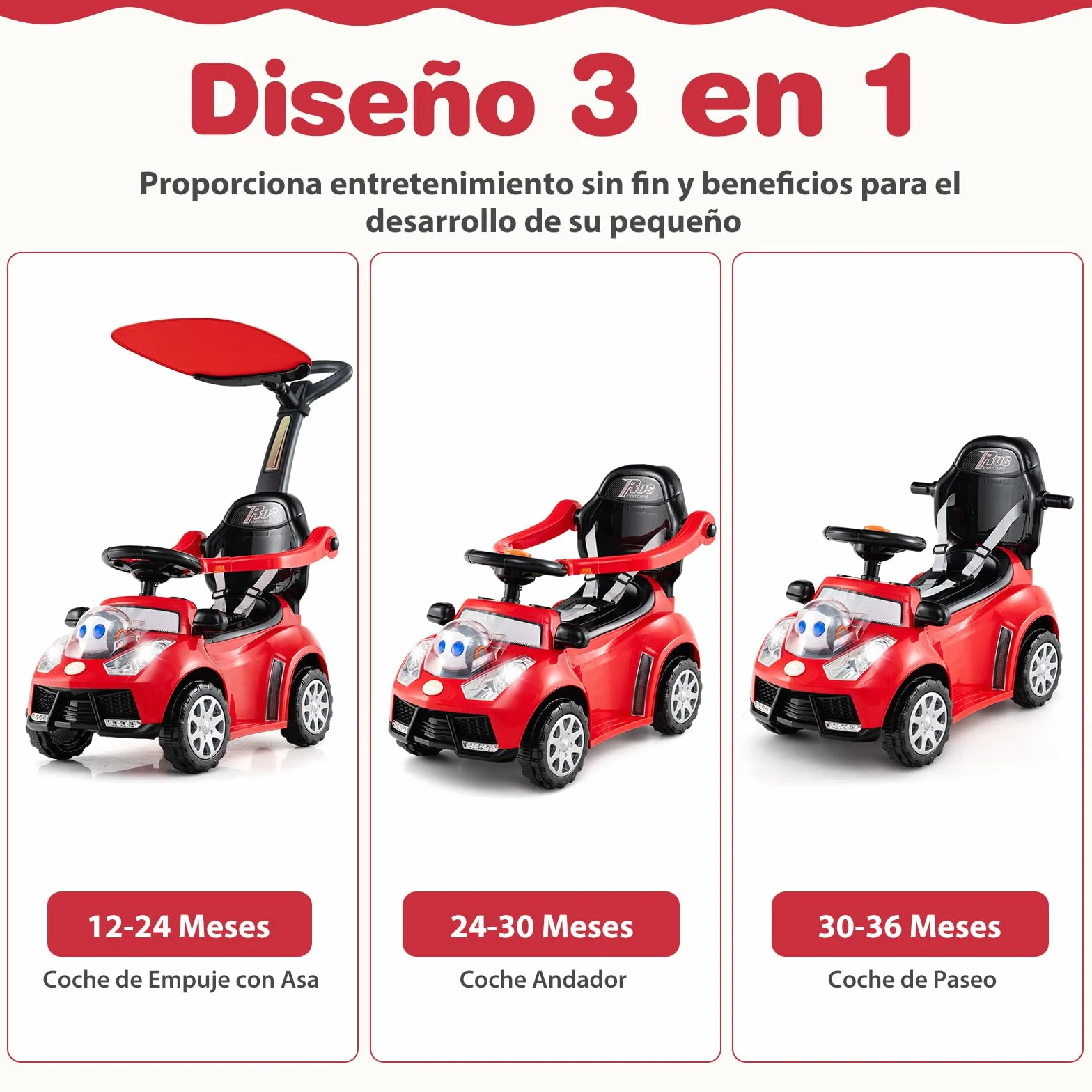 COSTWAY Coche Correpasillo 3 en 1 para Niños, Coche Empujable con Manillar, Bocina, Música, Luz y Cinturón de Seguridad, Juguete de Montar con Almacenaje y Manillar Parental (Rojo)