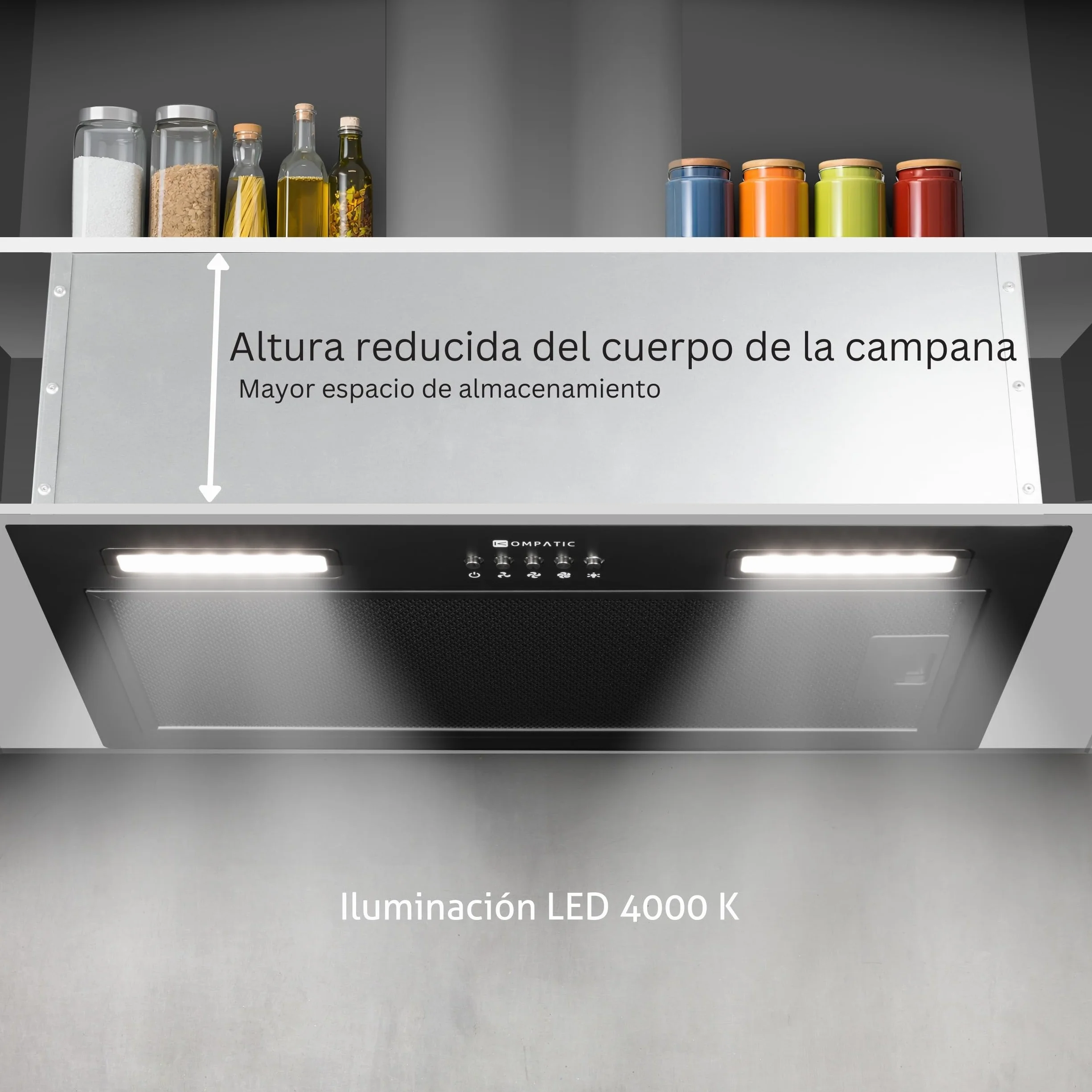 Lane 50 KLN50BI Campana Extractora Encastrable 50 cm, Clase A+++, 450 m³/h, Filtro de carbón KCF4, Temporizador, LED, 3 velocidades + boost, Negro
