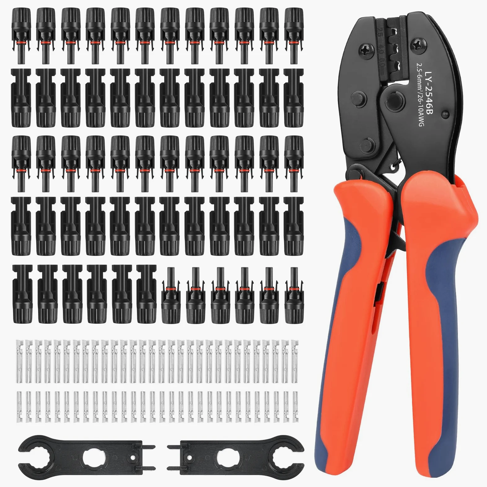 Kit de herramientas de crimpado solar con 60 conectores solares, 1 par de llaves inglesas de conector solar, 1 pelacables de alambre, herramienta de crimpado para montaje de extensión de cable de