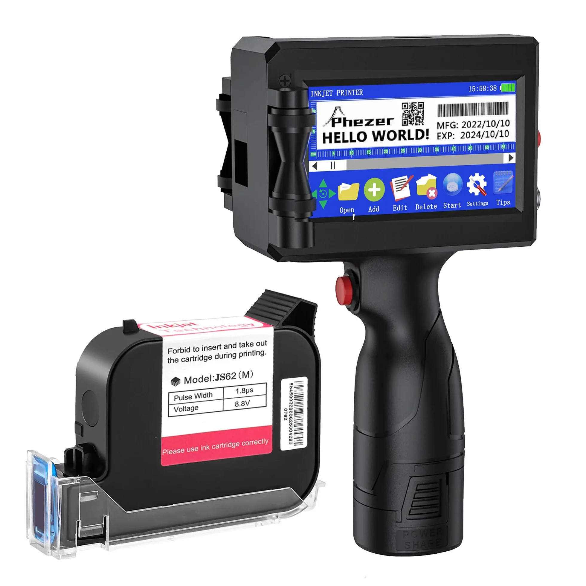 Phezer - Pistola de impresora de inyección de tinta de mano P15U con cartucho de tinta de secado rápido, impresora portátil de mano de 0.5 pulgadas para texto/código de