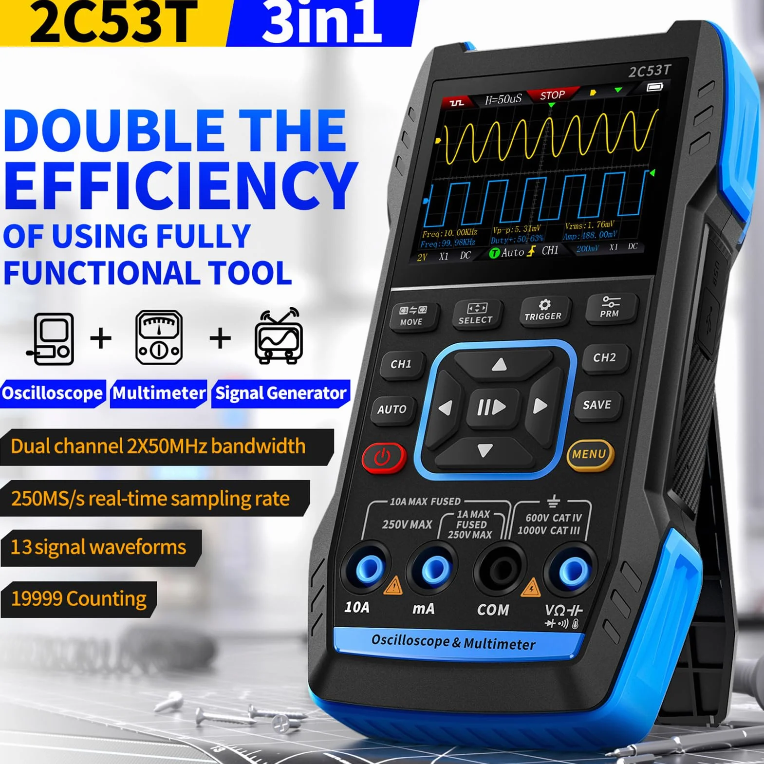 DEWIN Osciloscopio 2C53T,Osciloscopio Digital Osciloscopio Portatil/Multímetro/Generador de Señales dds 3 en 1, 2 Canales Frecuencia de muestreo de 50 MHz 250 MSa/s 19999 recuentos