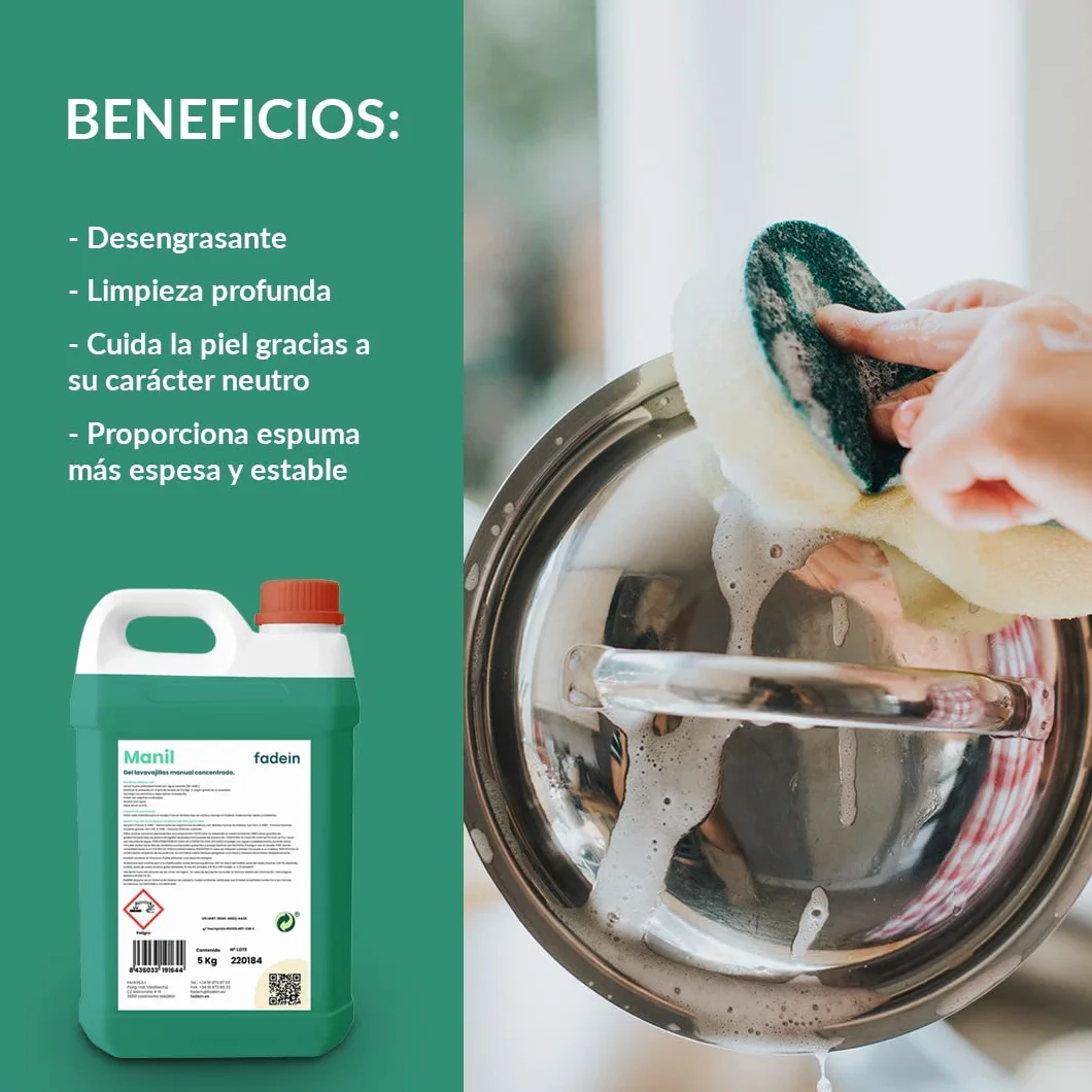Fadein | Manil | Gel Lavavajillas Manual | Detergente Líquido | Concentrado | Detergente para Platos | Vajilla | Hostelería, Bares, Cafeterías y Restaurantes | Espumoso | 5L