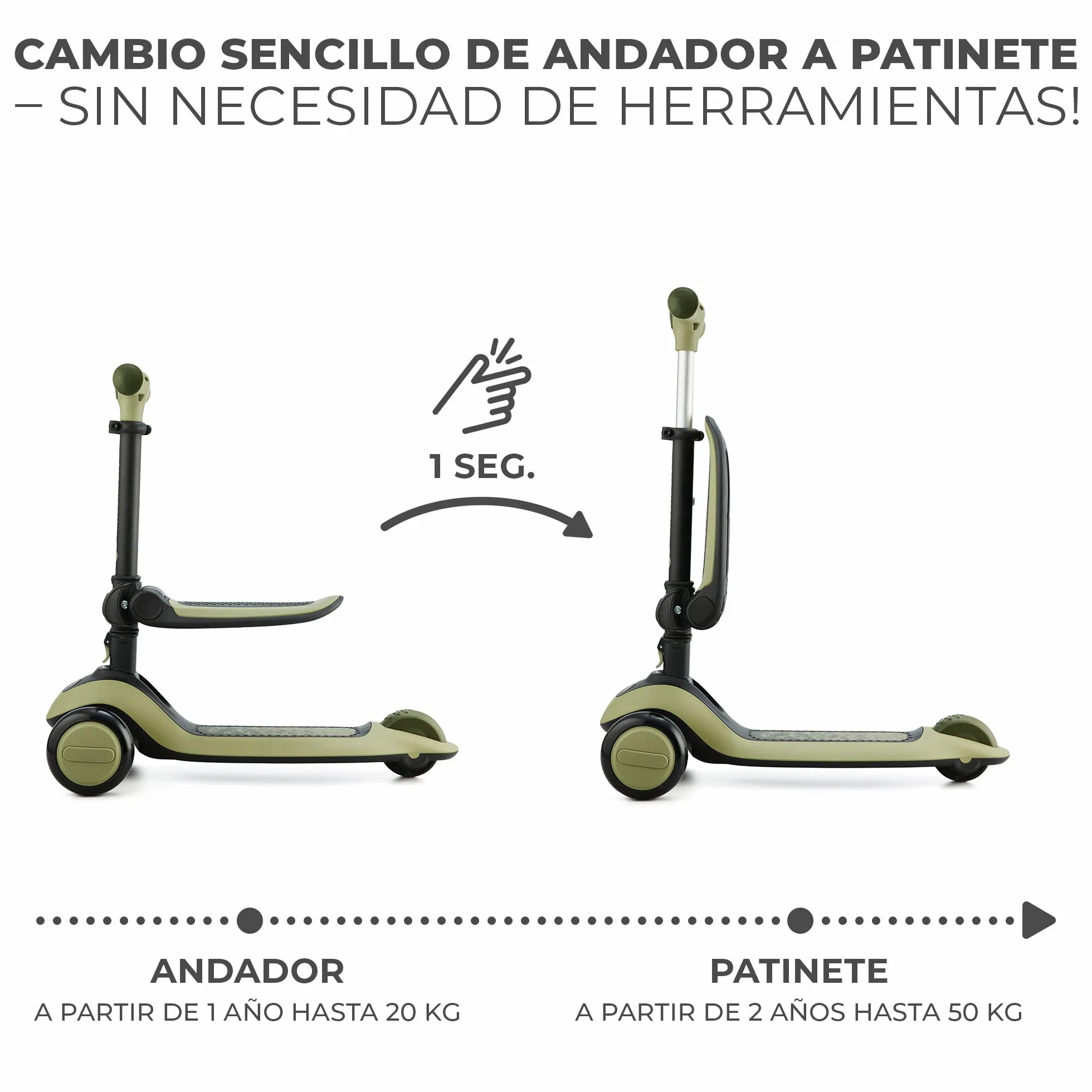 Kinderkraft Halley Patinete 2 en 1 Ajustable Triciclo 3 Ruedas LED Verde