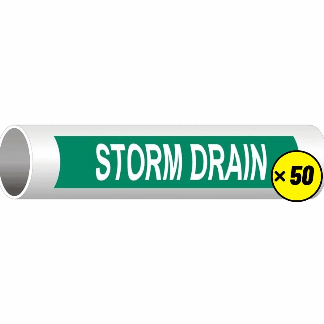 ComplianceSigns. com Storm Drain (White Legend On Green Background) ASME A13.1 - Calcomanía de etiqueta para tuberías, 12 x 2.5 pulgadas, paquete de 50 unidades