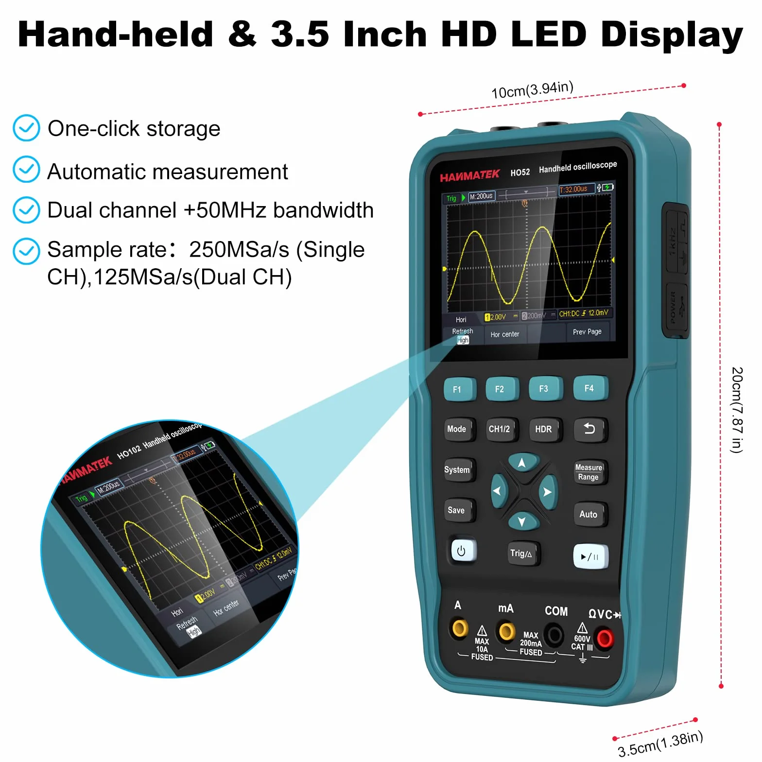 Osciloscopio Digital, HANMATEK HO52 Mini Osciloscopio TFT de 3,5", Osciloscopio y Multímetro 2 IN 1, Pantalla Retroiluminada, Función Autocalibración, 7 Medidas Automáticas, Función Memoria