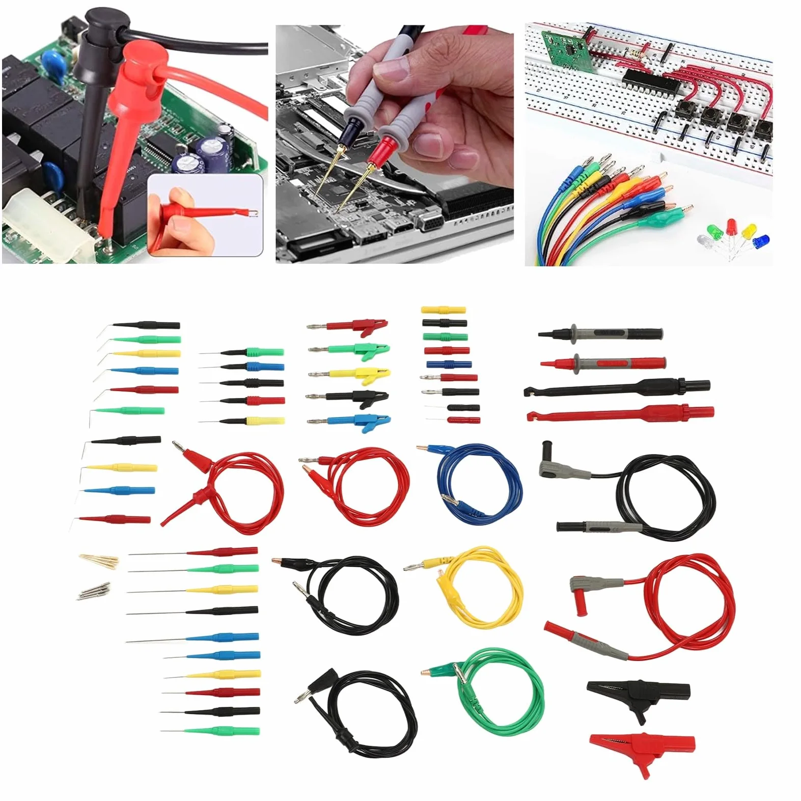 Juego de cables de prueba para multímetro de 62 piezas, puntas de prueba para multímetro digital con enchufe de banana, pinza de cocodrilo y sonda de aguja; kit de gancho de prueba