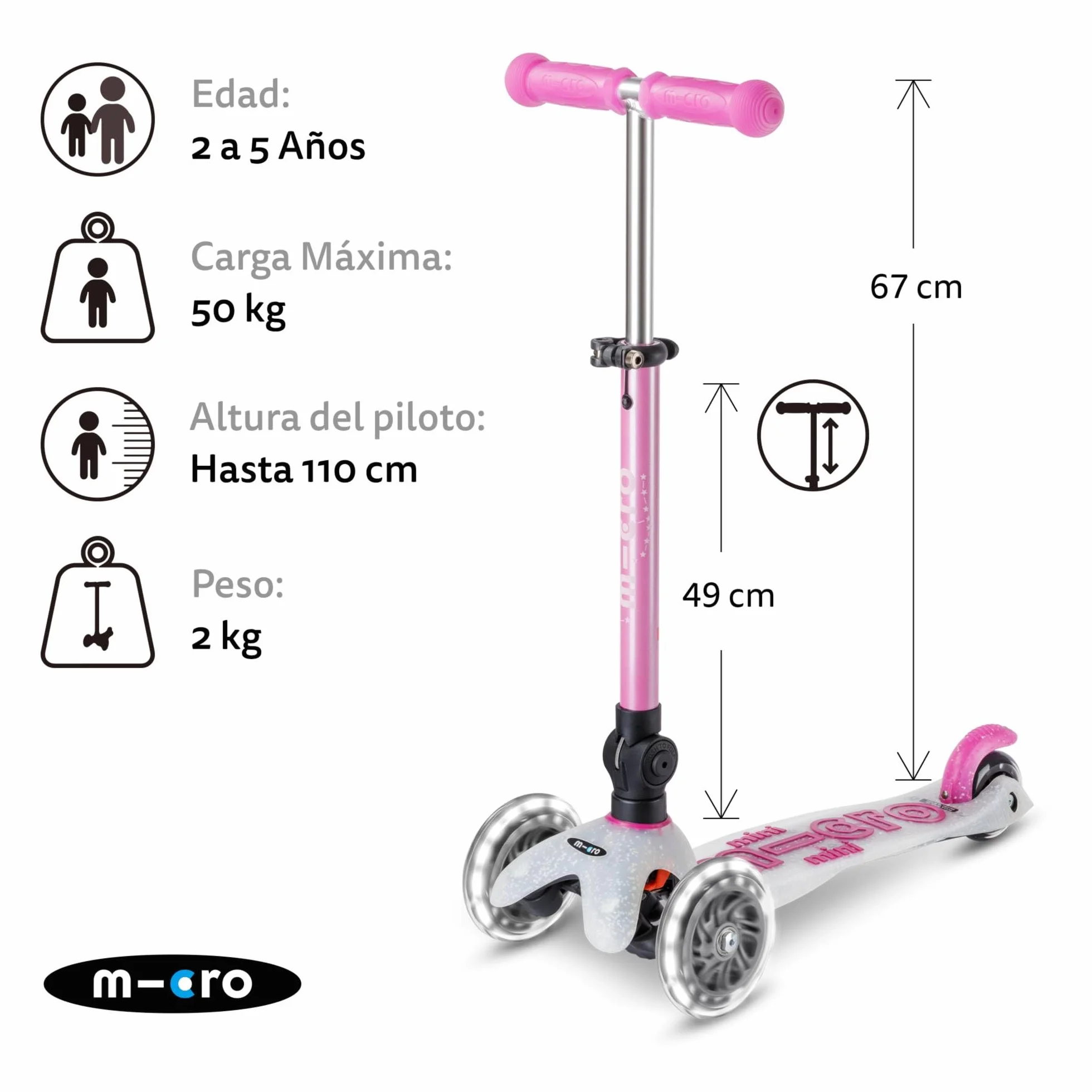 Micro Mini Micro Deluxe LED Patinete 3 Ruedas Plegable con Ruedas Iluminadas LED y Rodamientos ABEC9 Manillar Regulable Altura 2-5 años