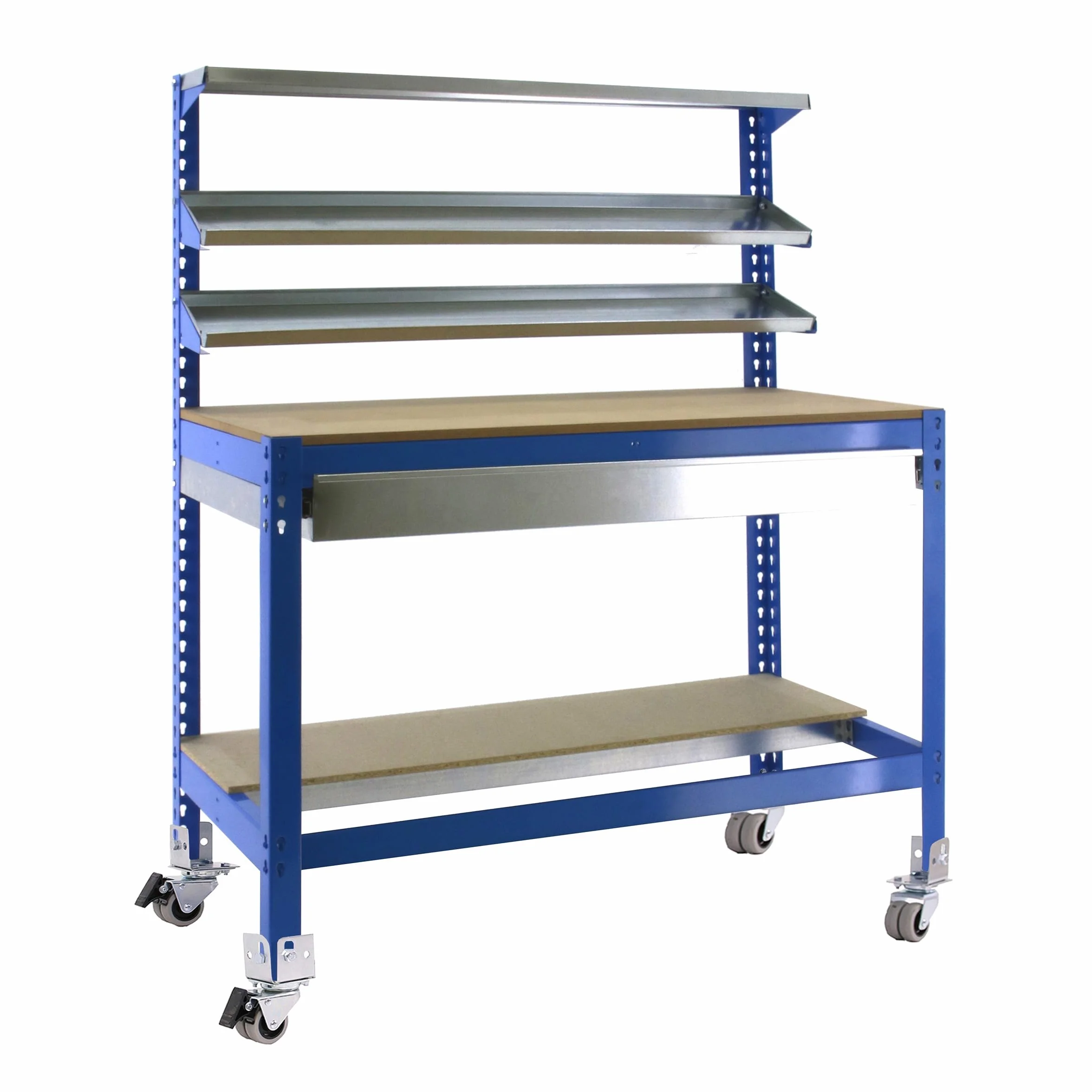 Simon Rack Banco de Trabajo Taller, Capacidad Carga 120 kg, 1520x1510x760 mm, Mesa de Trabajo, Incluye Ruedas, 1 Cajón, Azul/Madera - BT1