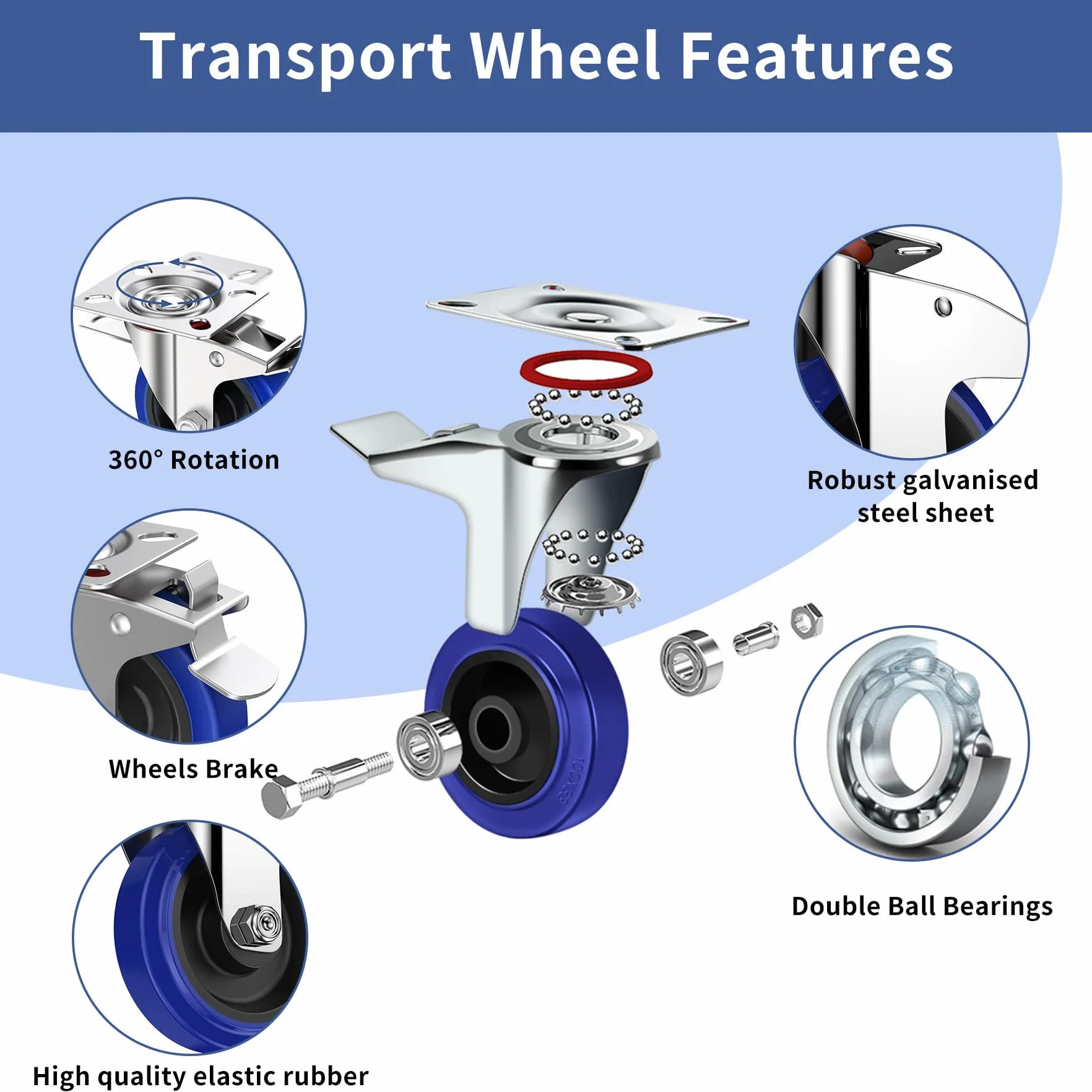 Forever Speed Ruedas de Transporte con Freno 100mm 200kg Galvanizado Industrial