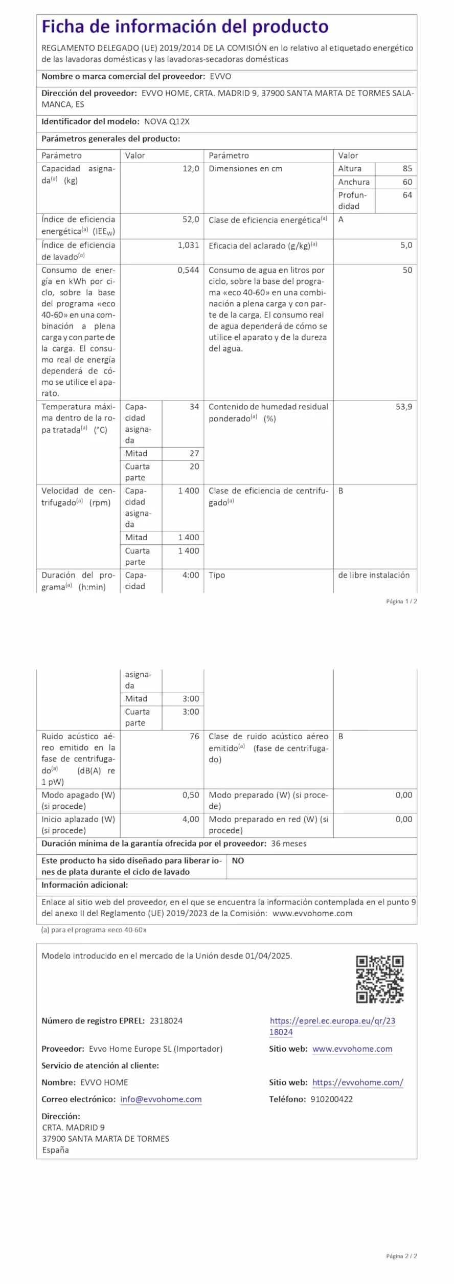 EVVO Lavadora Carga Frontal NOVA Q12 12Kg 1400 RPM Motor Inverter eDRIVE Eficiencia Energética A