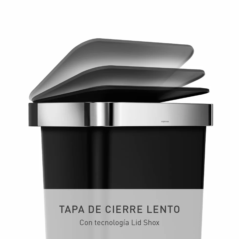 simplehuman, cubo rectangular con pedal y almacén de bolsas de basura, plástico negro, 45 L