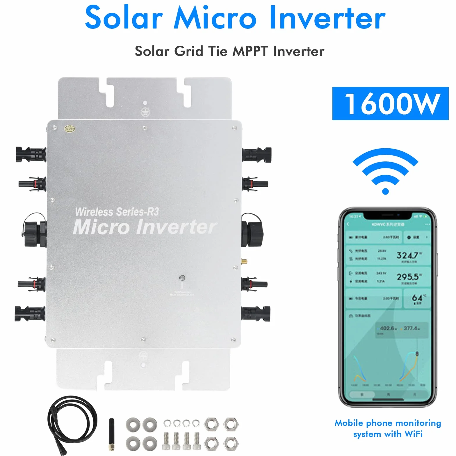 Jadeshay Microinversor,1600W Micro Inversor de Conexión a Red Solar Impermeable IP65 MPPT DC22-60V Entrada PV AC120-230V Salida para 4 Paneles Solares