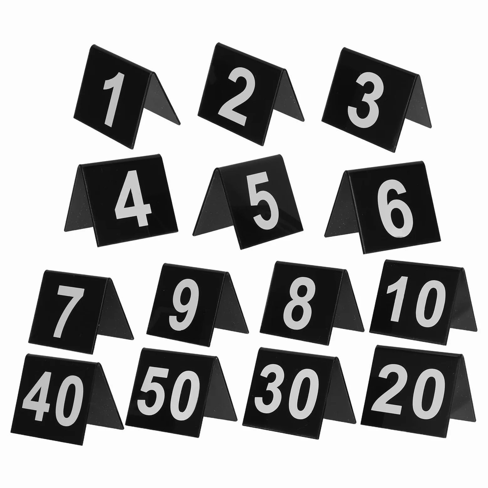 POPETPOP Números de Mesa Acrílicos 1-50, Carteles Triangulares V | Doble Cara Visible, Base Estable, 50 Piezas, Diseño Compacto para Áreas de Comedor Reducidas