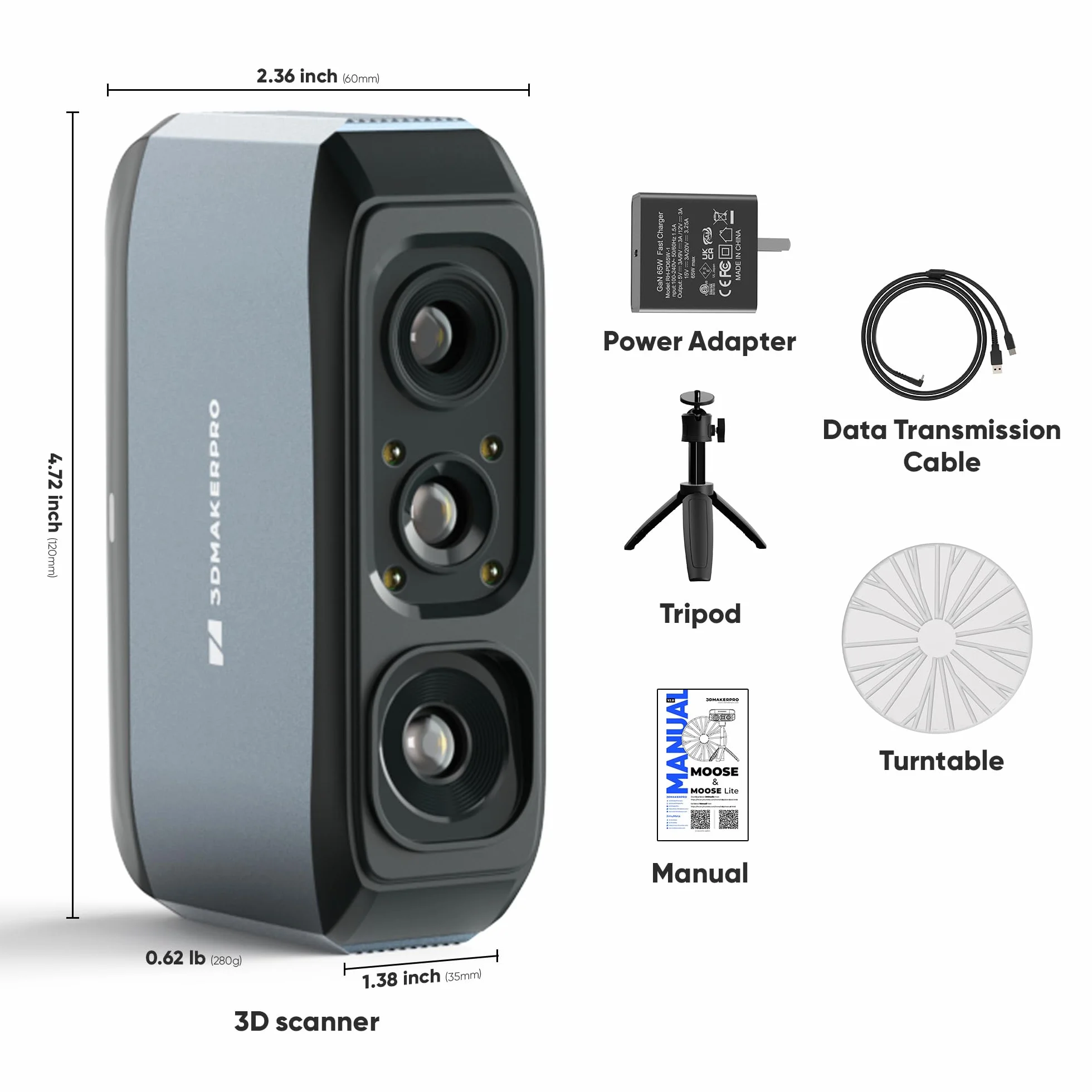Escáner 3D con precisión de 0,03 mm, resolución de 0,07 mm, lentes antivibración, compatible con Windows/MacOS, escáner 3D portátil para impresión 3D [3DMakerpro Moose Premium Kit]