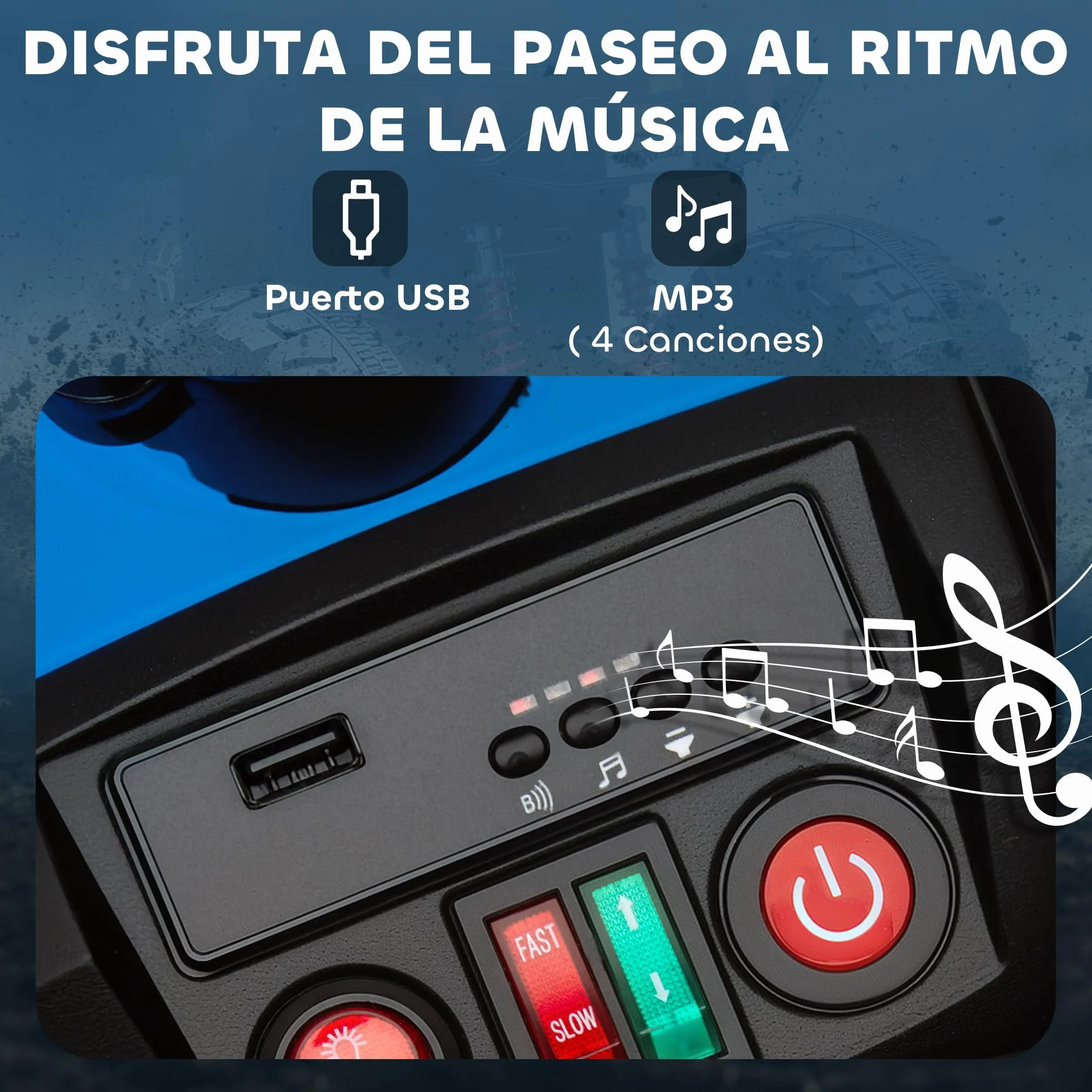 AIYAPLAY Quad Eléctrico para Niños 24V 2 Plazas 2 Motores 6,5 km/h Ruedas Suspensión Faros Bocina Música USB Azul