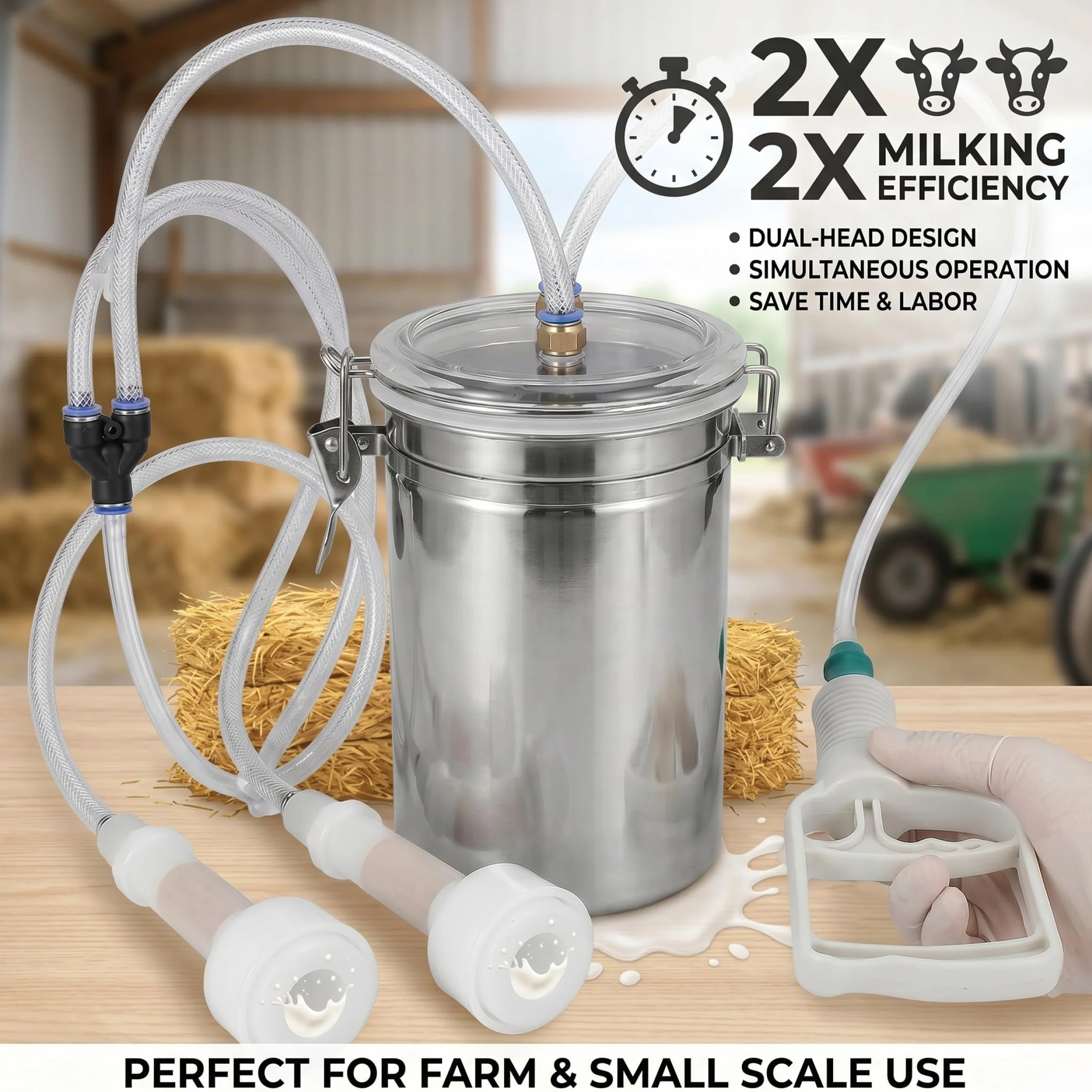 Máquina de ordeño, máquina de ordeño manual para cabras, diseño de doble cabezal, cubo de acero inoxidable de 2 litros, de portátil con bomba manual, para cabras, vacas y