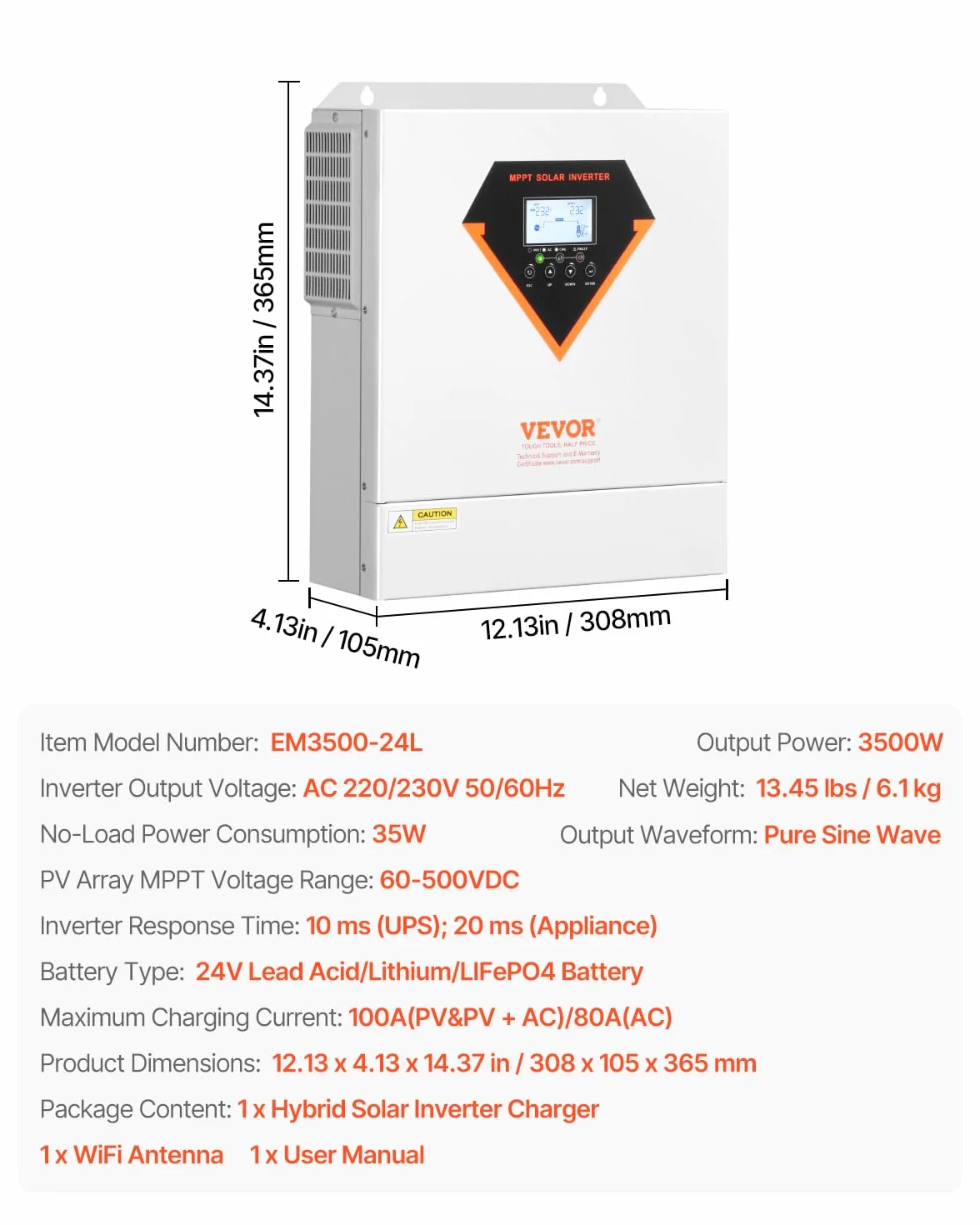 VEVOR Inversor Solar Híbrido 3500 W Onda Sinusoidal Pura MPPT 100 A