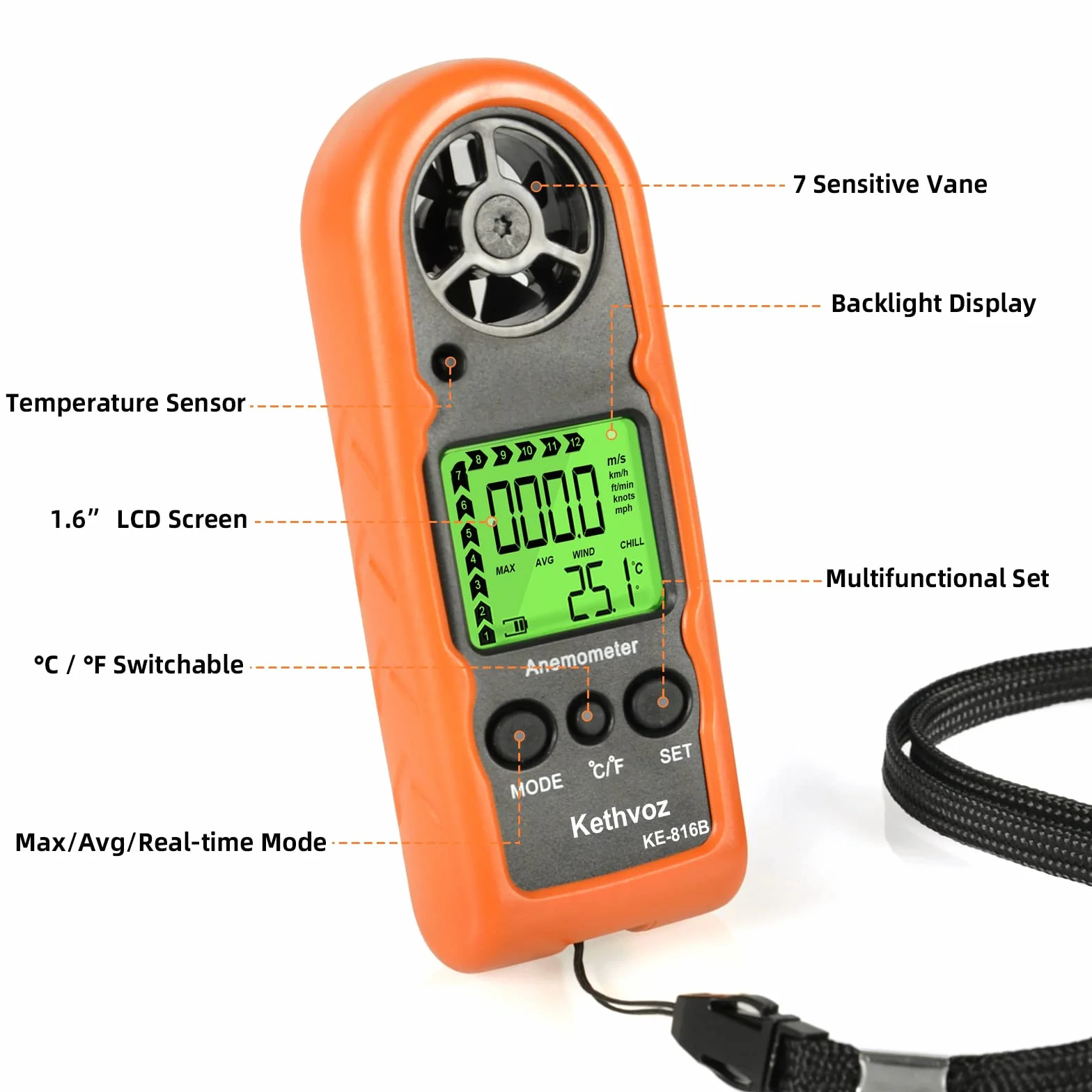 Kethvoz Anemómetro Medidor de Velocidad de Viento de Mano 816B Probador de Viento Mini para Barco Windsurf Vela Dron