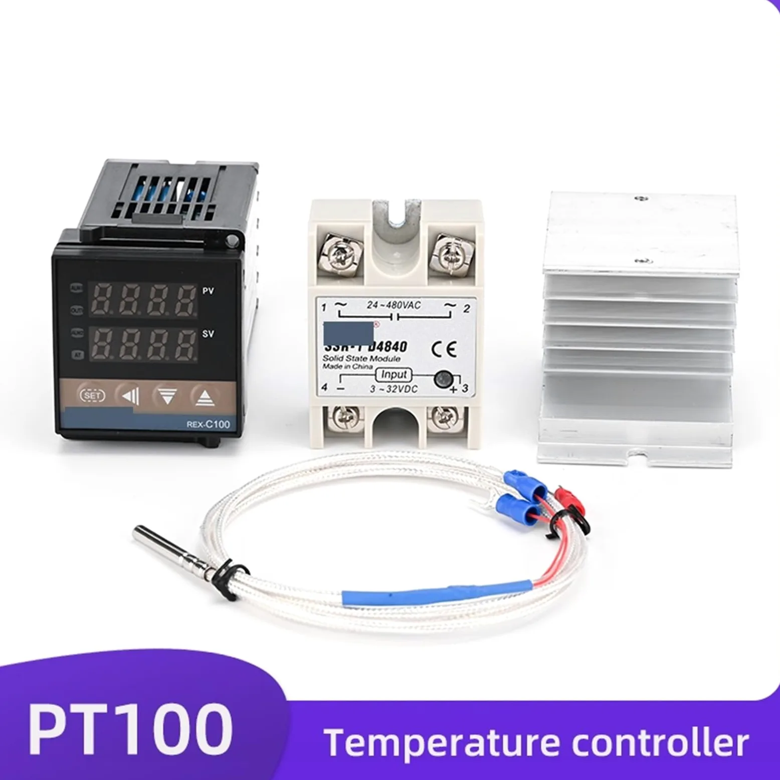1 Uds REX-C100 controlador de temperatura PID AC110V-240V con SSR-40DA PT100 termopar disipador de calor relé de entrada o salida SSR(C100-V-AN PT100 SET2)