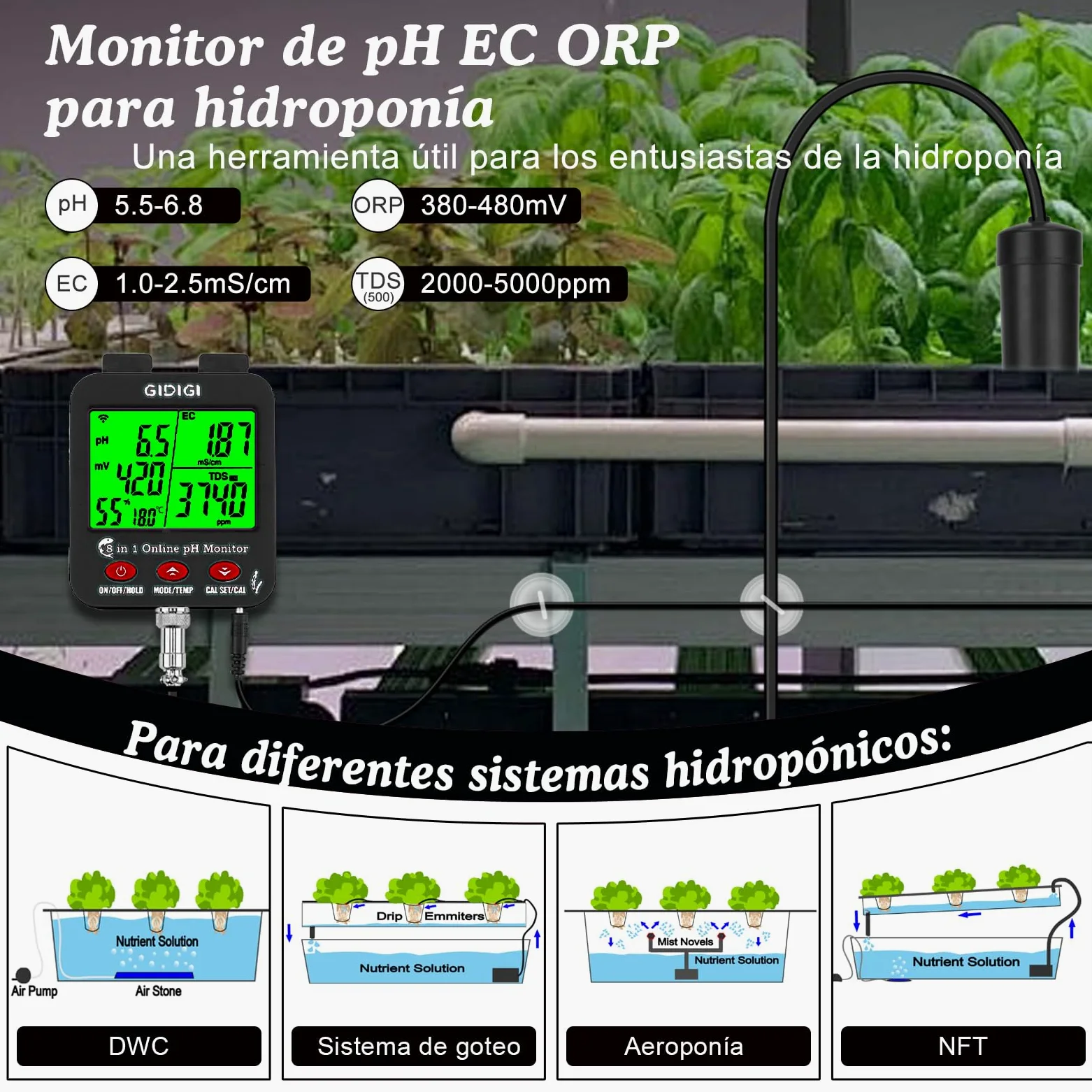 Medidor pH Acuario inteligente, Continuo pH Hidroponia Monitor | Pantalla Grande Puede Mostrar Múltiples Parámetros Simultáneamente,8 en 1 pH EC PPM ORP Sal y Humedad para Acuario,Hidroponia